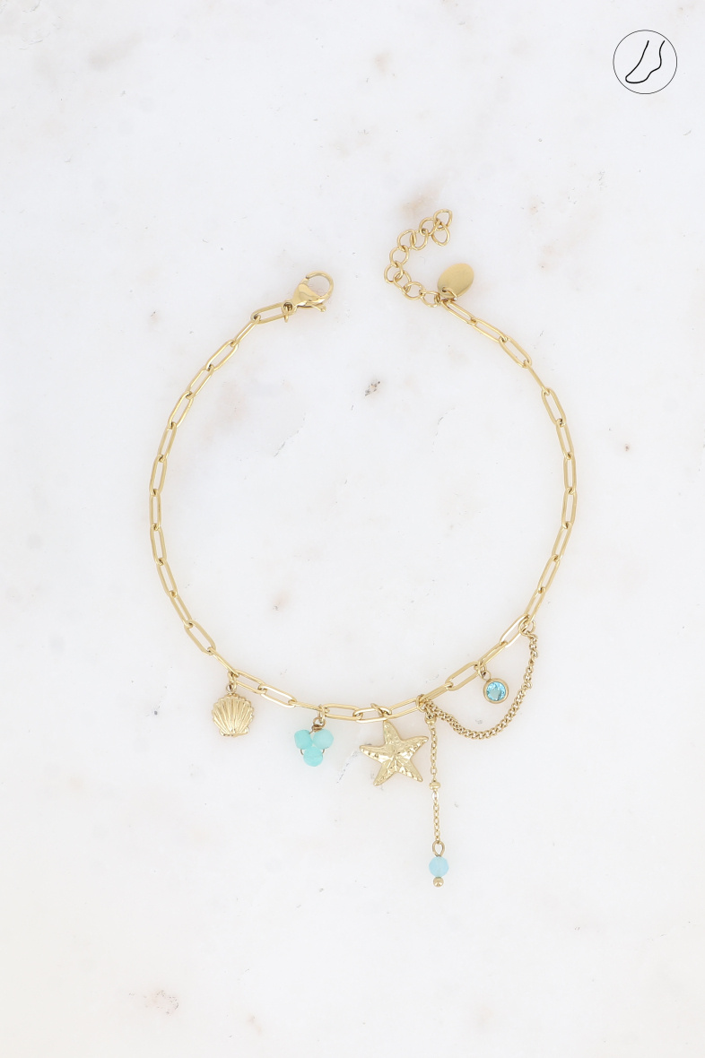 Mayorista Bohm - Tobillera de acero - piedras naturales, concha, cristal y estrella de mar