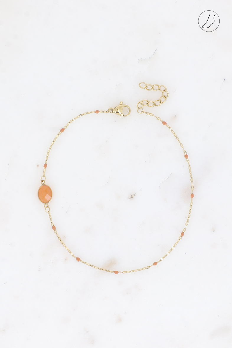Großhändler Bohm - Fußkettchen – emaillierte Kette, Kaffeekorngeflecht, ovaler Naturstein