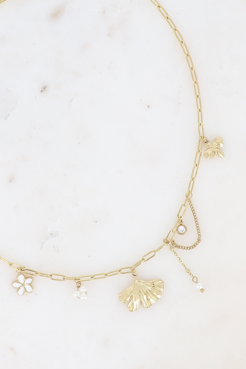 Mayorista Bohm - Collar de acero - piedras naturales, flor esmaltada, ginko