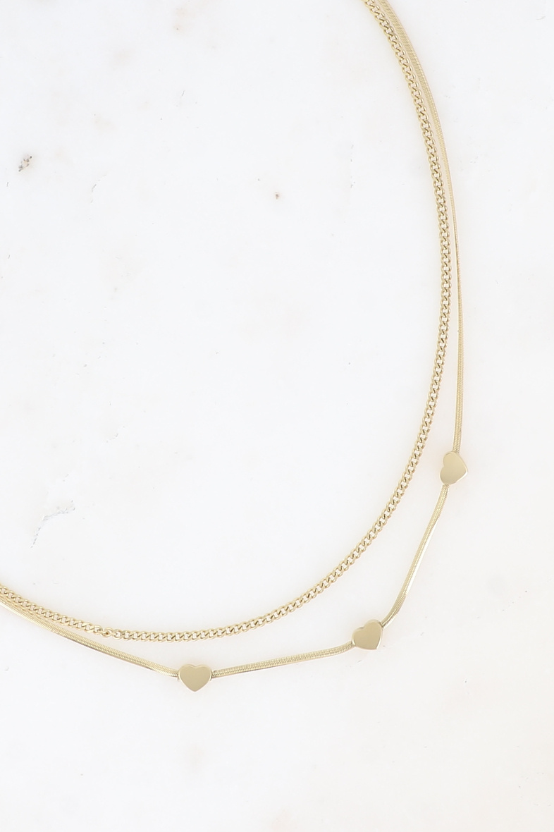 Grossiste Bohm - Collier multirangs - 2 rangs, maille miroir avec 3 coeurs et gourmette