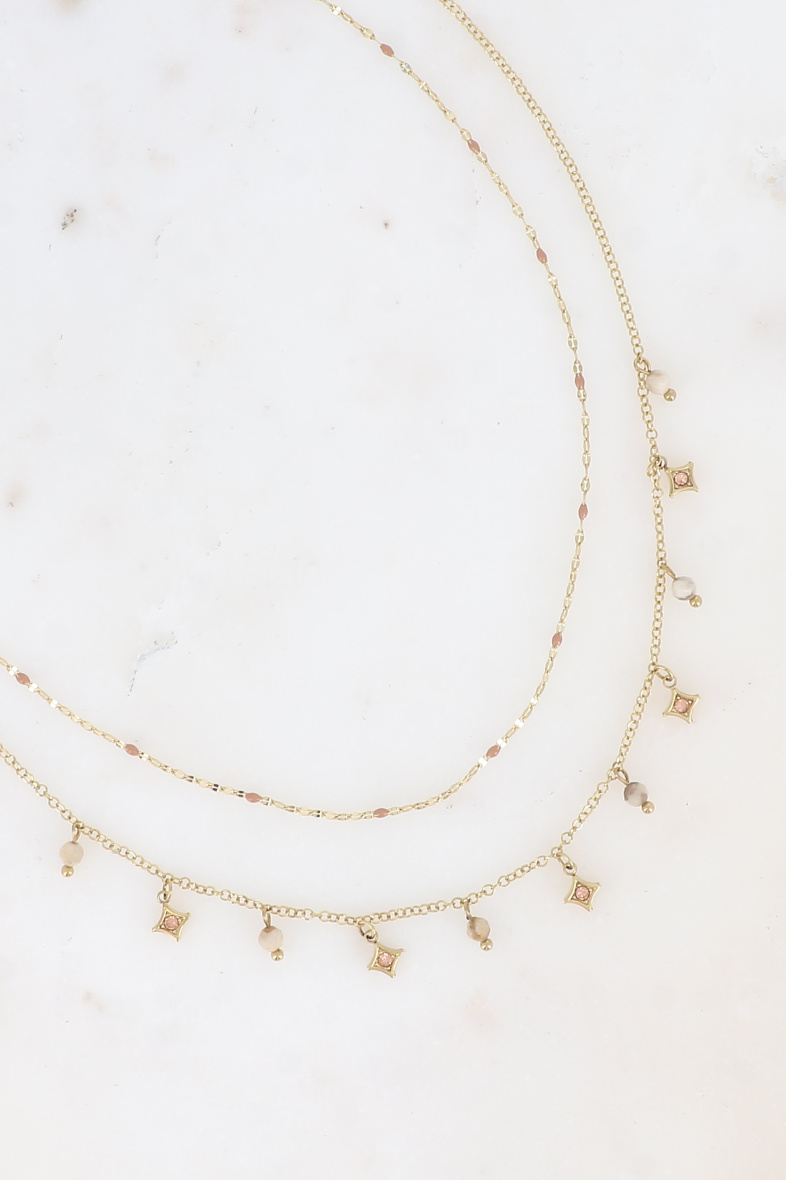 Grossiste Bohm - Collier multirangs - 2 chaînes, émail et étoiles avec pierres naturelles