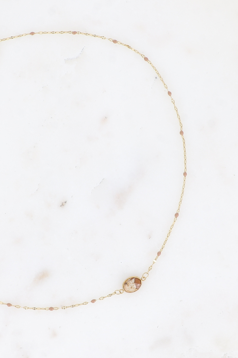 Großhändler Bohm - Noelynn-Halskette – emaillierte Kette, Kaffeekorngeflecht, ovaler Naturstein