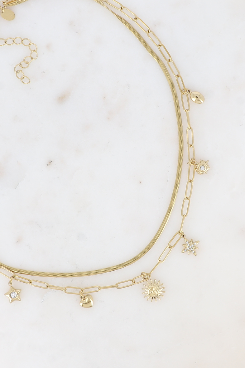 Mayorista Bohm - Collar de 2 hileras - eslabones de espejo y ovalados, borlas de 7 estrellas, corazón y sol