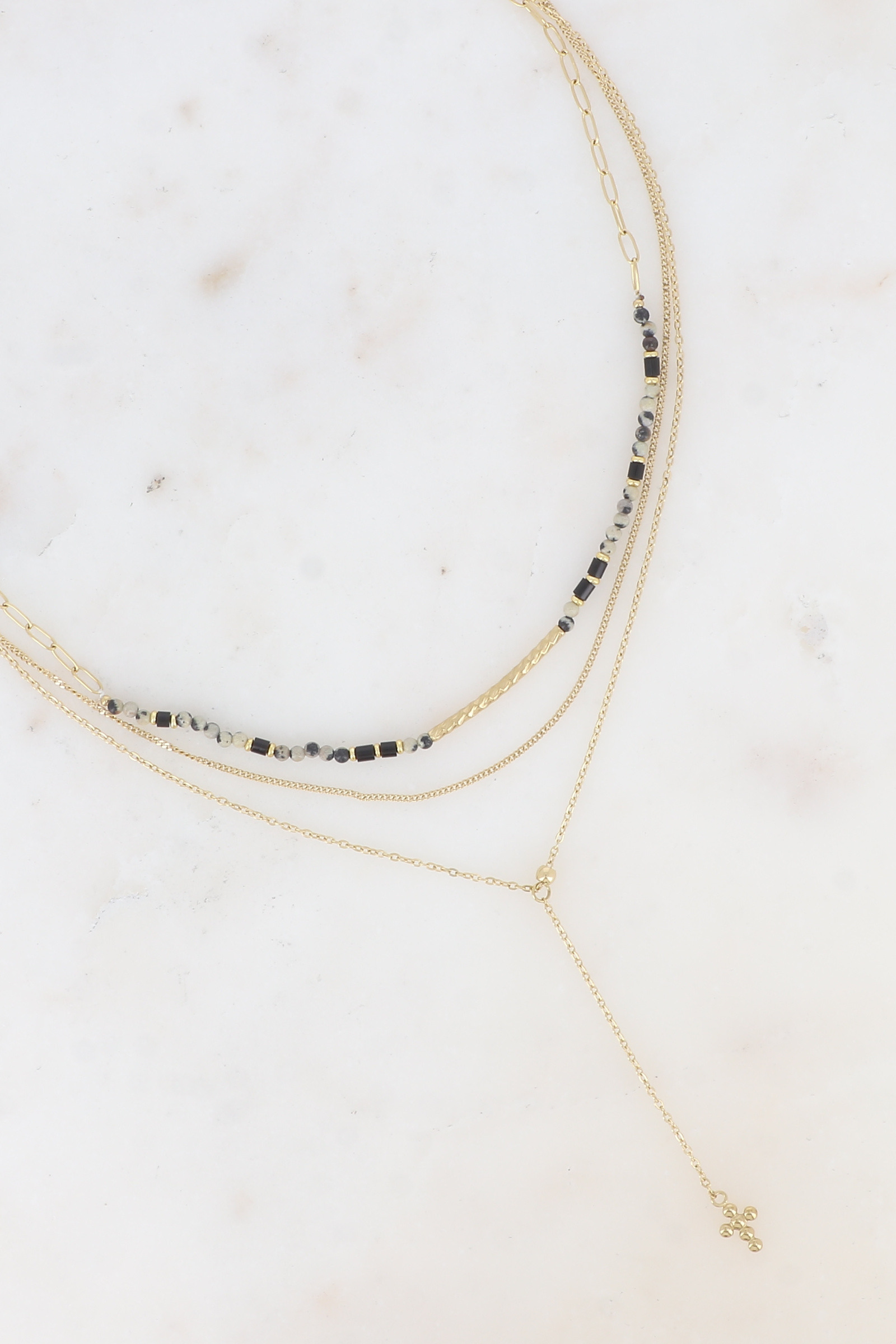 Grossiste Bohm - Collier 3 rangs et Y - pierres naturelles, tube strié, maille gourmette, croix