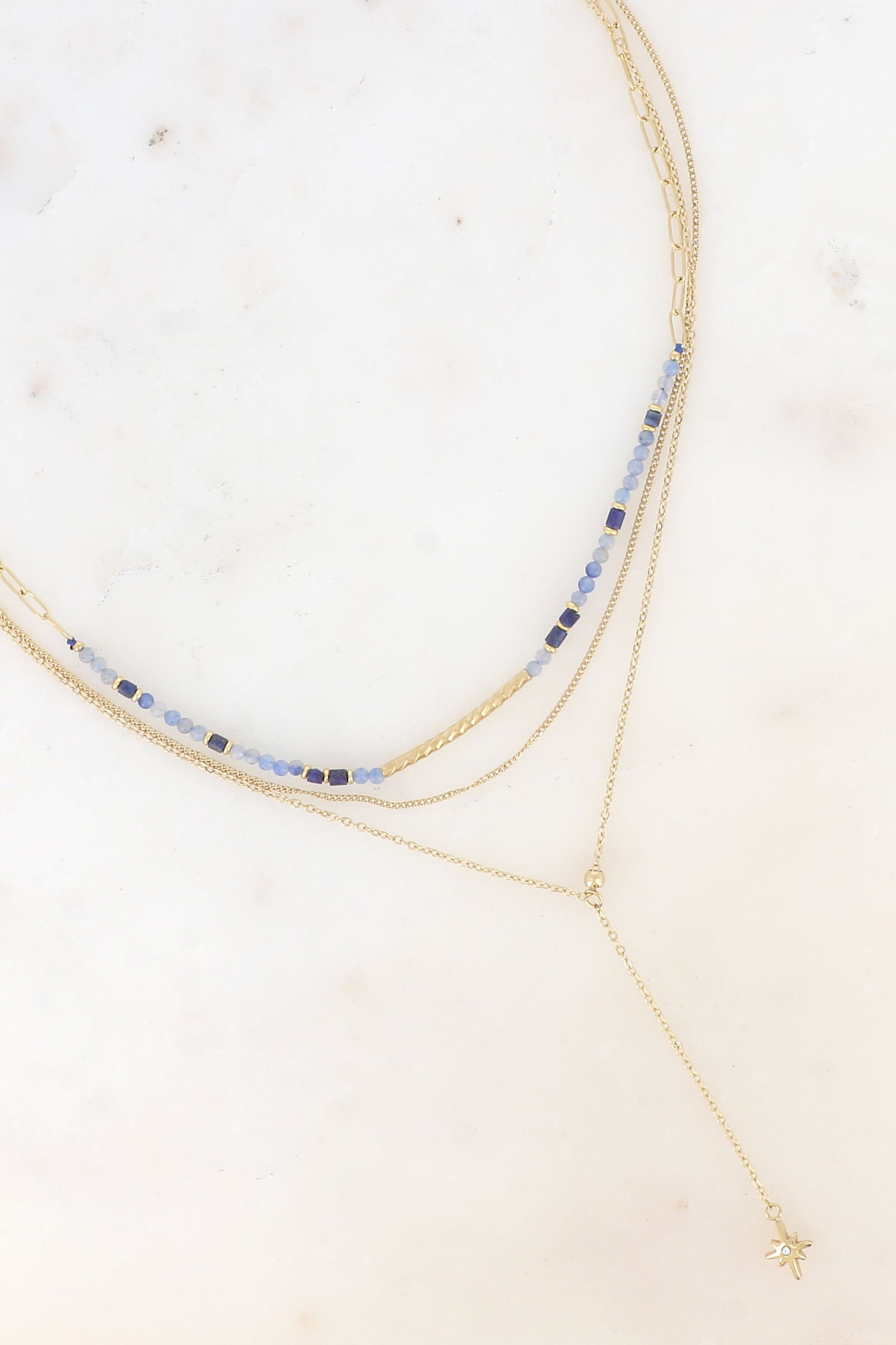 Grossiste Bohm - Collier multirangs - pierres naturelles et perle tube strié, étoile du Nord
