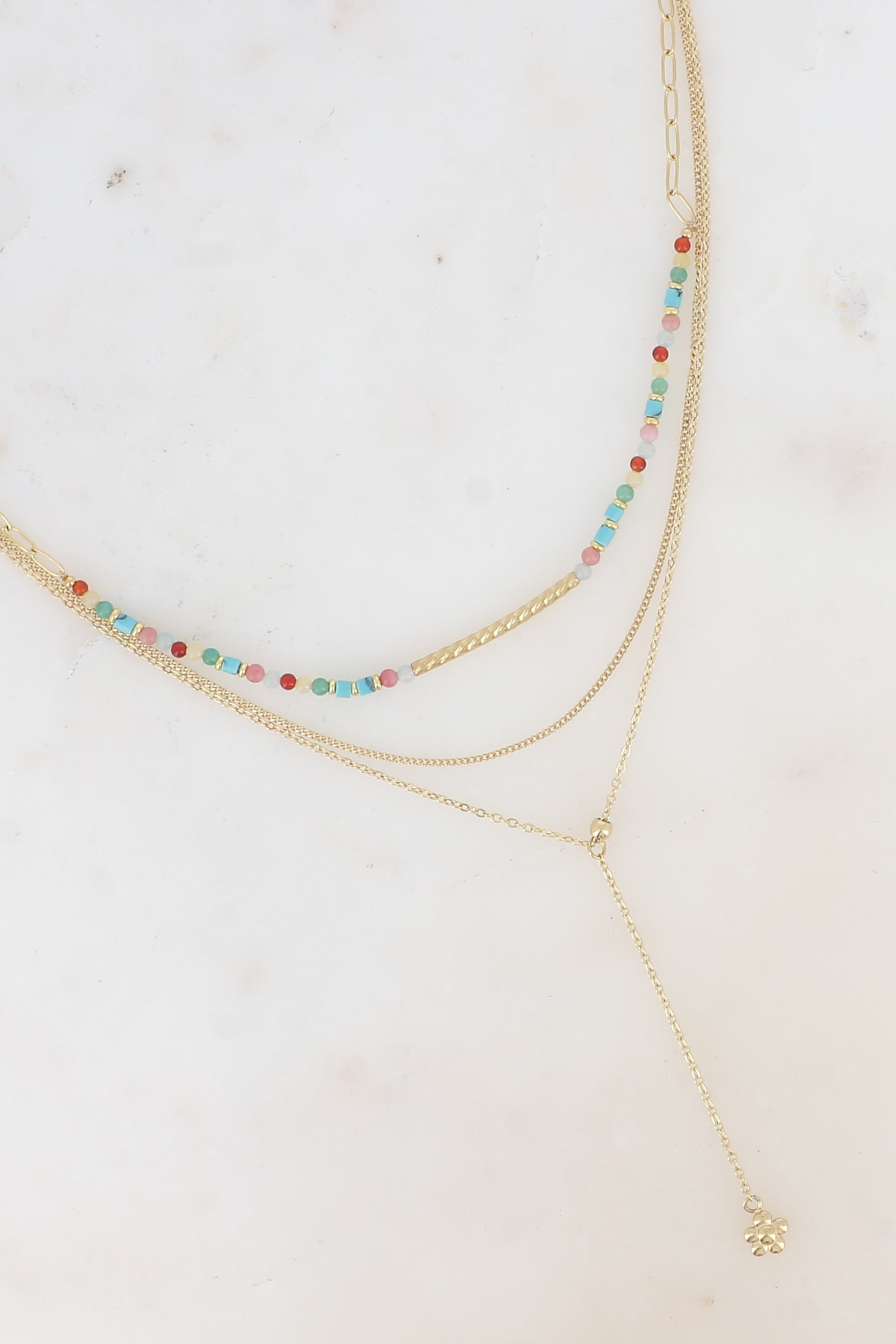 Grossiste Bohm - Collier 3 rangs - pierres naturelles avec tube strié, maille gourmette, fleur