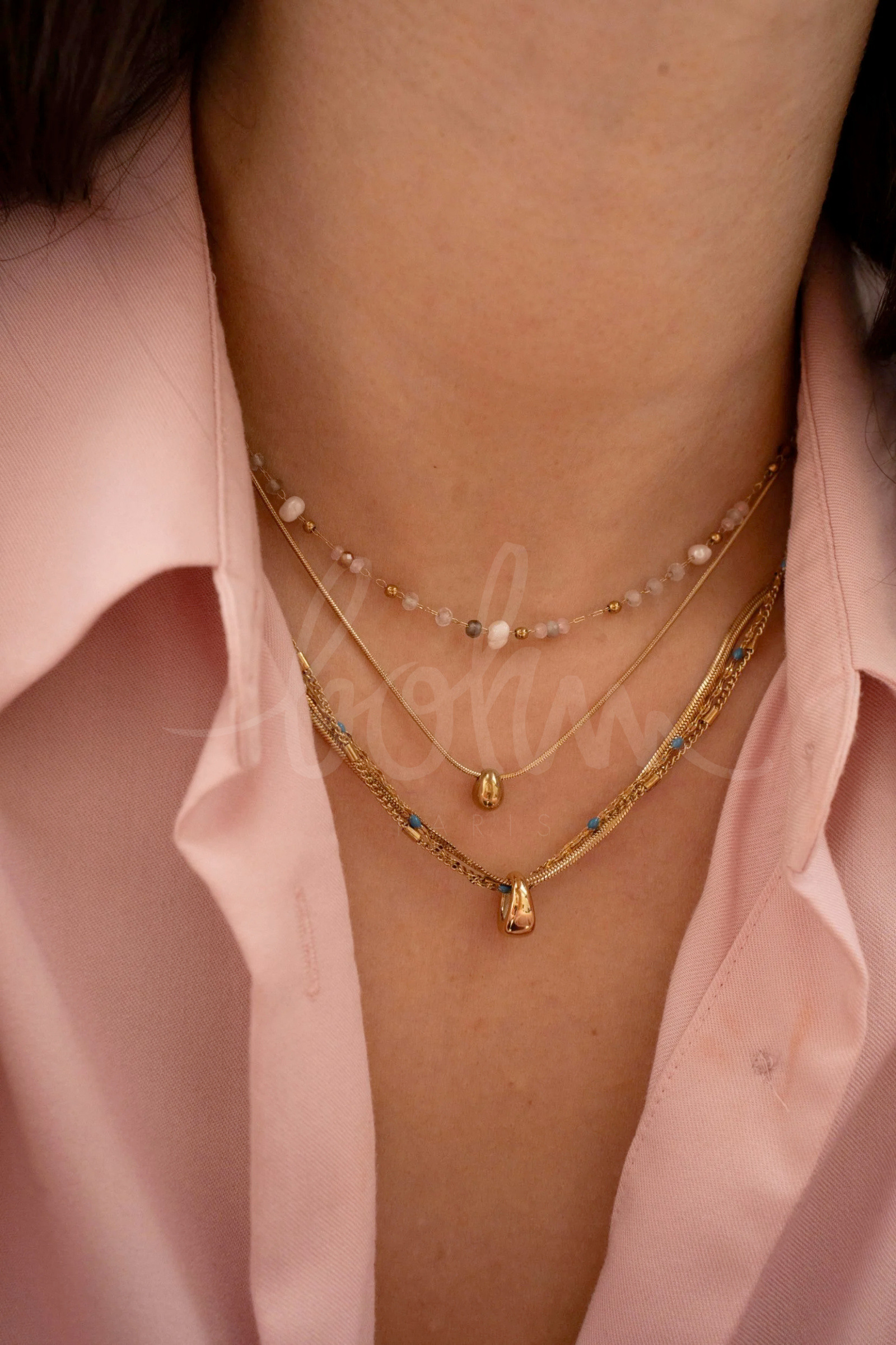 Grossiste Bohm - Collier Edwina - maille serpent, perles d'eau douce et pierres naturelles