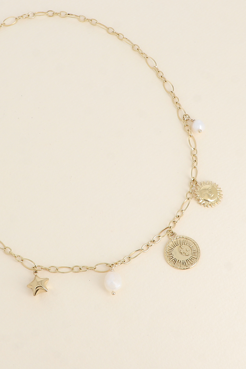 Mayorista Bohm - Collar - eslabones ovalados alternos, dijes (estrella, eclipse, sol) y perlas de agua dulce