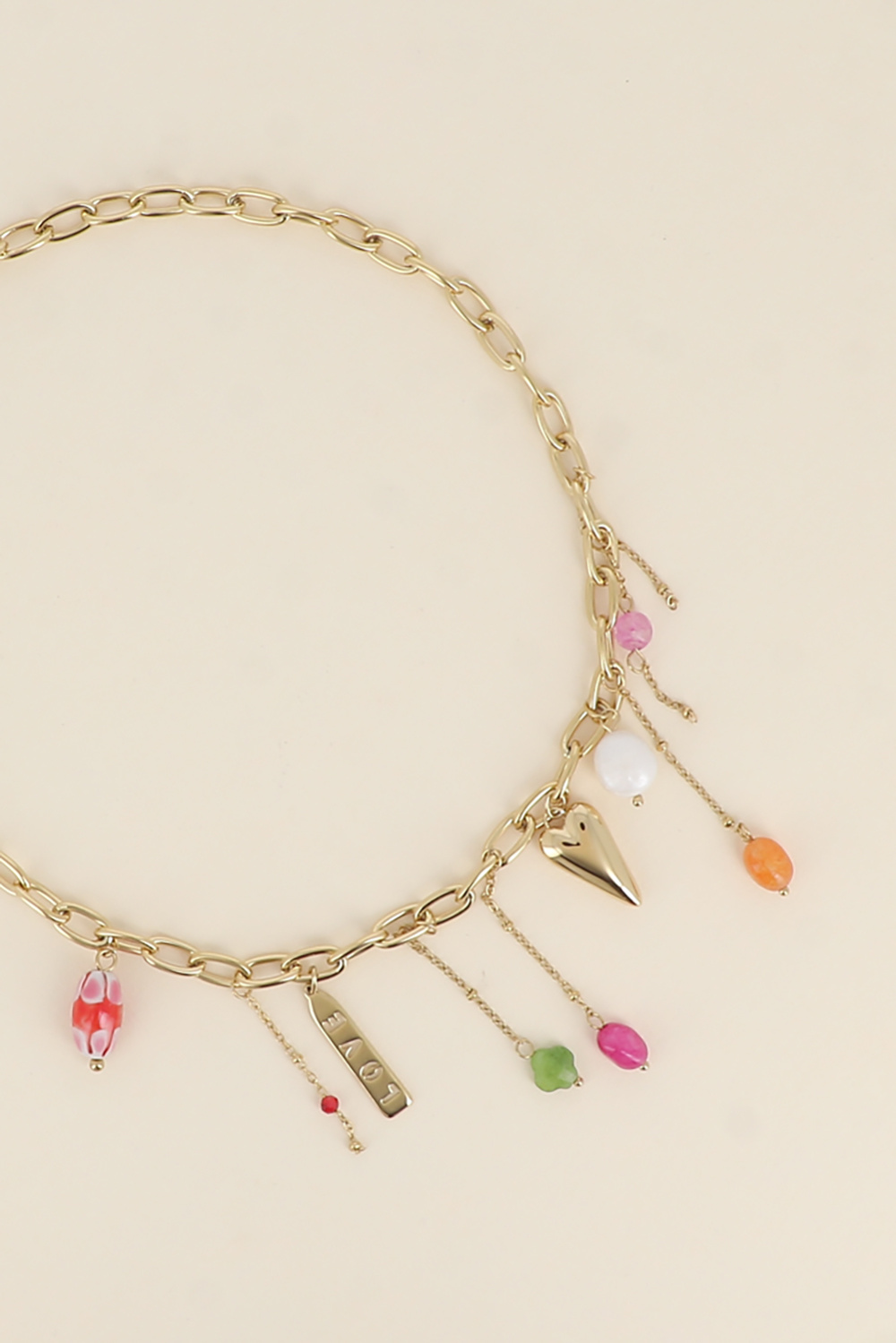 Wholesaler Bohm - Necklace - glazed ceramic bead, LOVE plaque, heart, freshwater pearl and natural stones