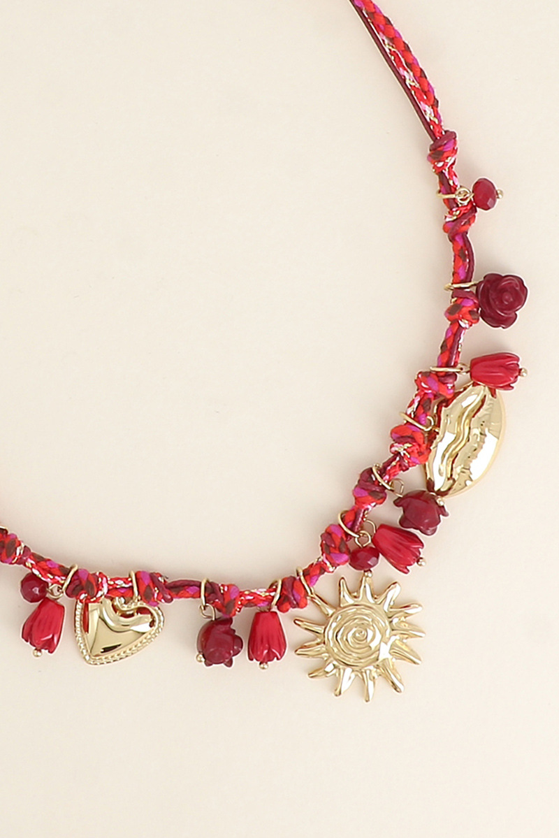 Wholesaler Bohm - Cord necklace - flower beads and stainless steel charms (heart, sun, and lips)