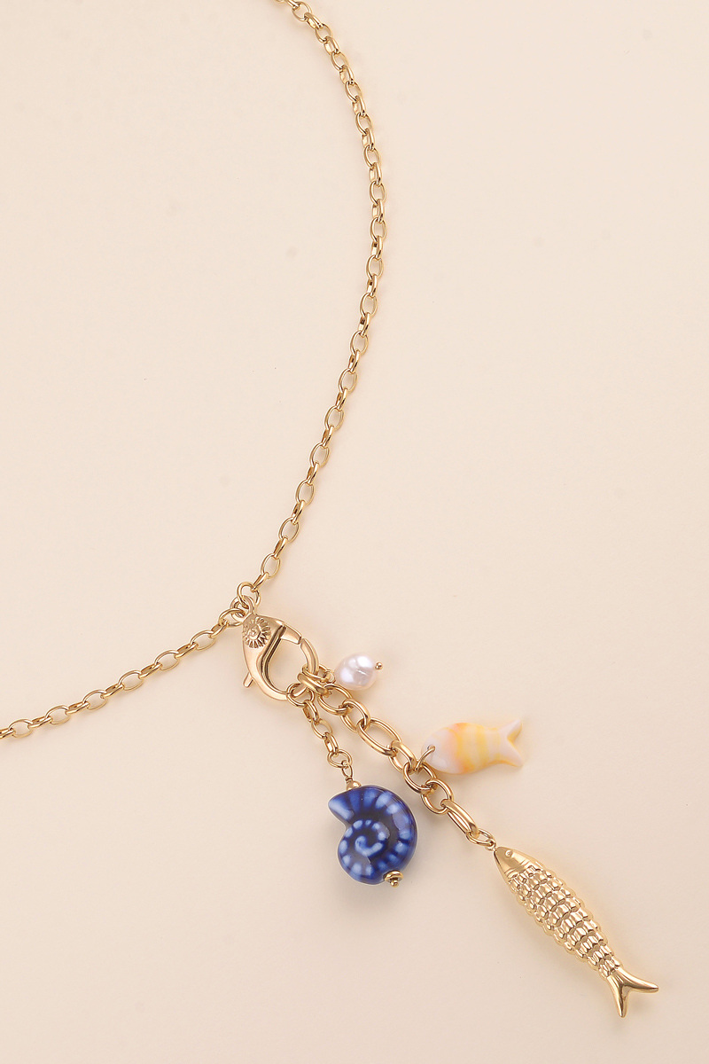 Wholesaler Bohm - Y Necklace - lobster clasp, freshwater pearl, ceramic shell and fish, resin