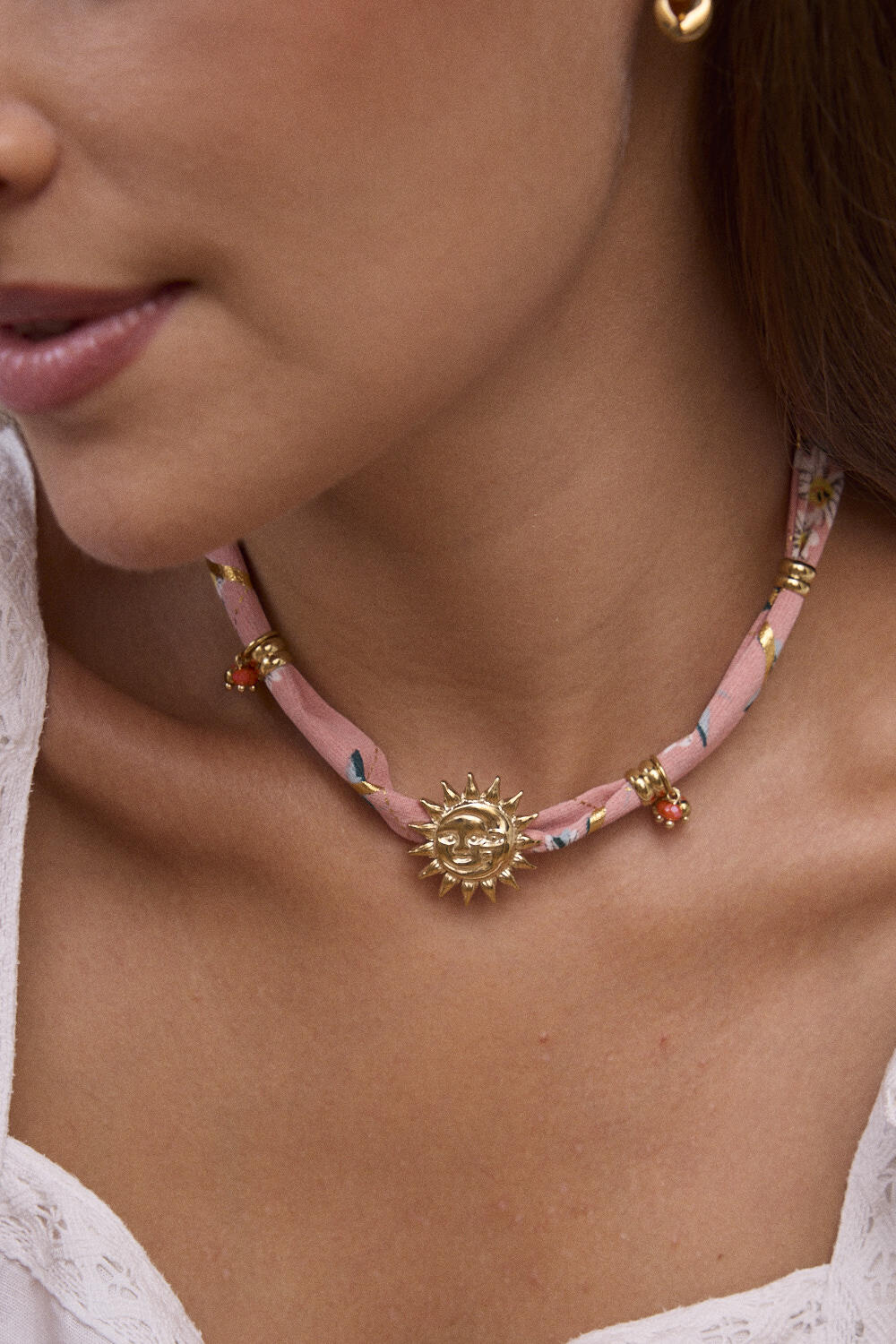 Wholesaler Bohm - Necklace - ribbon fabric, sun and beads