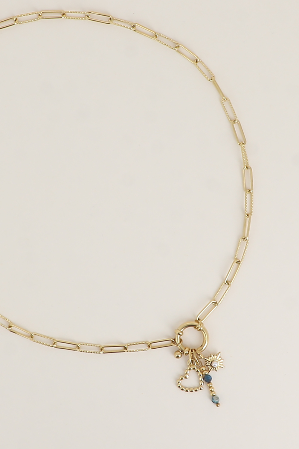 Mayorista Bohm - Collar - eslabones ovalados alternos lisos y retorcidos, cierre de boya con corazón texturizado, varilla de piedras naturales y estrella