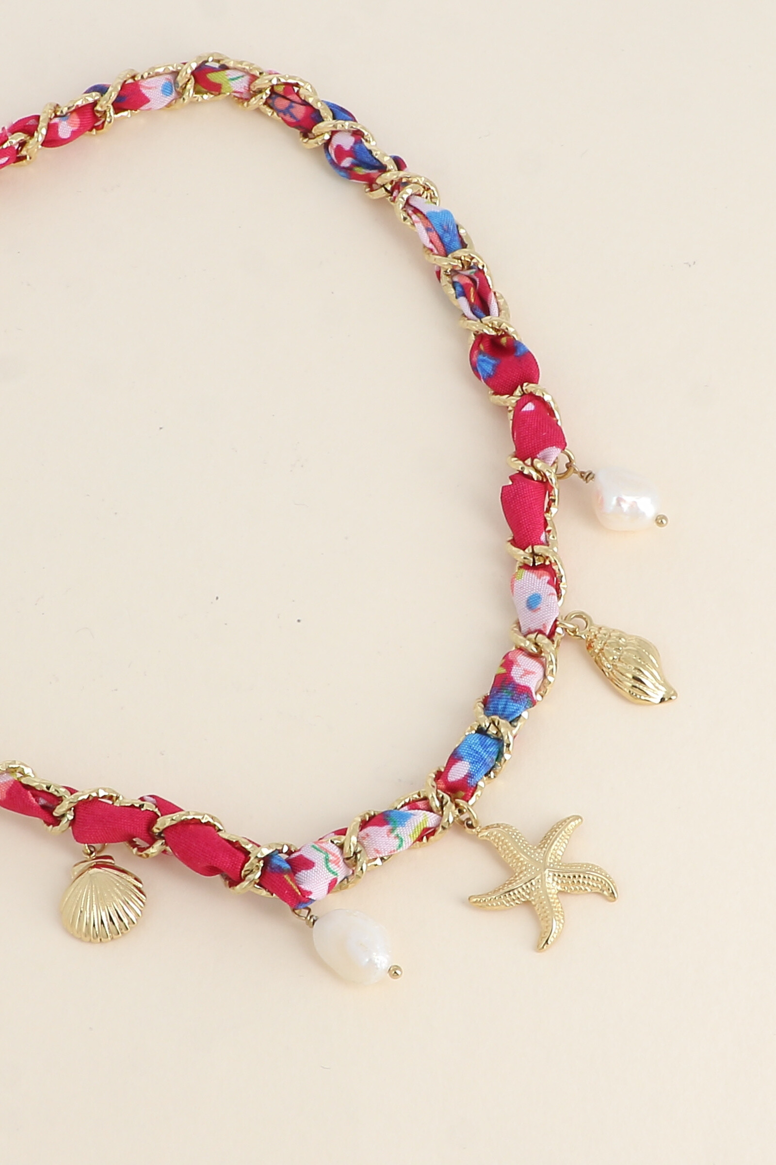 Wholesaler Bohm - Necklace - braided fabric with mesh, shells, freshwater pearls