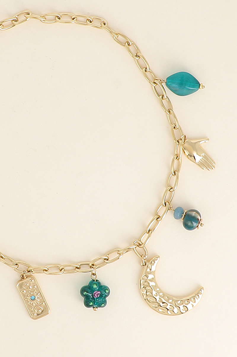 Wholesaler Bohm - Necklace - resin beads, moon and sun plaque, beaded flower, glazed ceramic, hammered moon, hand