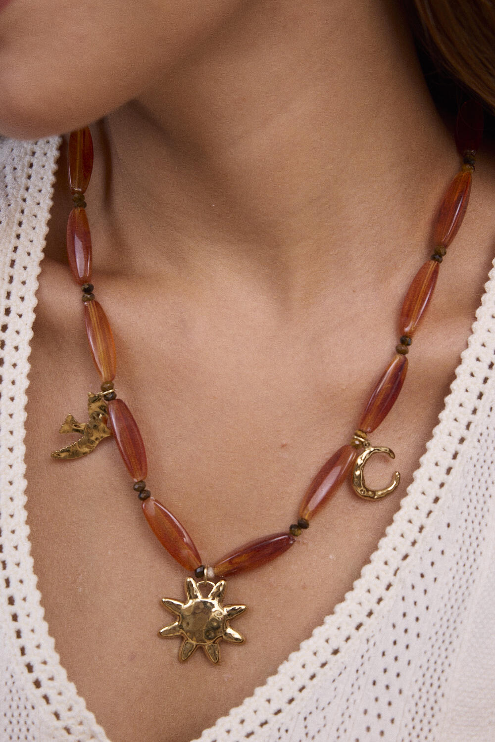 Grossista Bohm - Collana su cavo - perle in resina, luna, uccello, sole