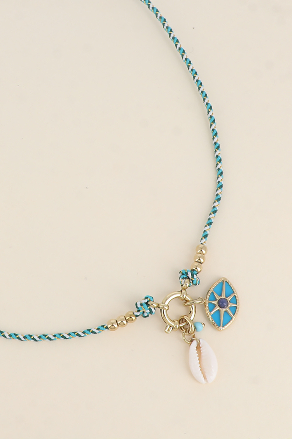 Wholesaler Bohm - Collar on cord - Bouée and charms clasp (eye and natural cauri)
