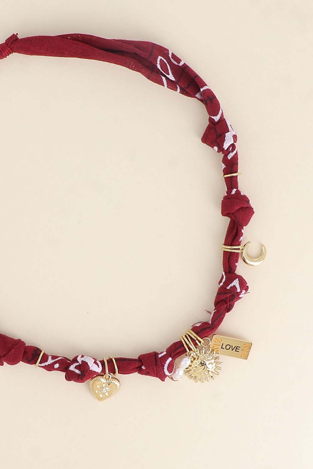 Wholesaler Bohm - Necklace - ribbon, charms (sun, heart, LOVE tag, moon)
