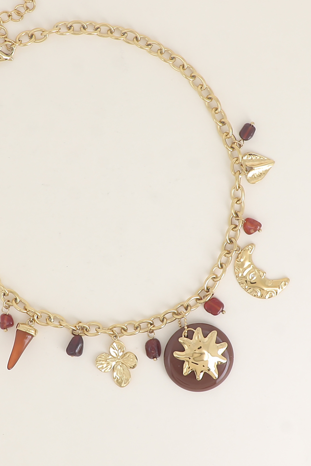 Mayorista Bohm - Collar - dijes (piedras naturales, flor de trébol, resina, luna creciente martillada, sol)