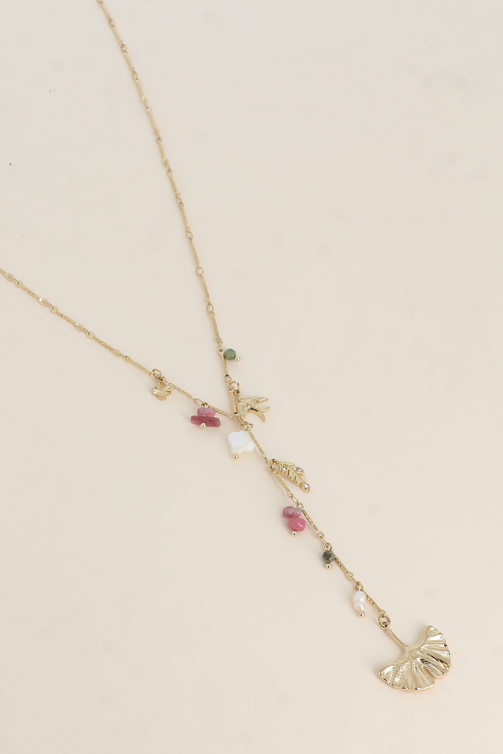 Grossista Bohm - Collana a Y - Ciondoli (ginkgo, pietre naturali, trifoglio in madreperla, foglia con ossidi di zirconio, uccello)