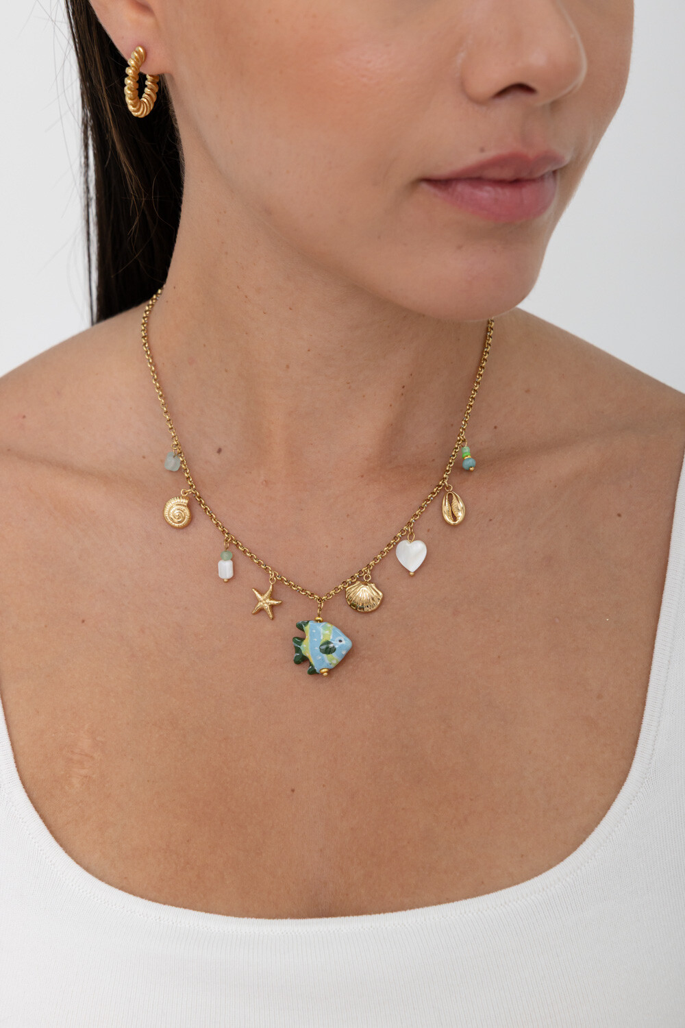 Wholesaler Bohm - Necklace - glazed ceramic fish, seashells, starfish, mother-of-pearl heart, natural stones