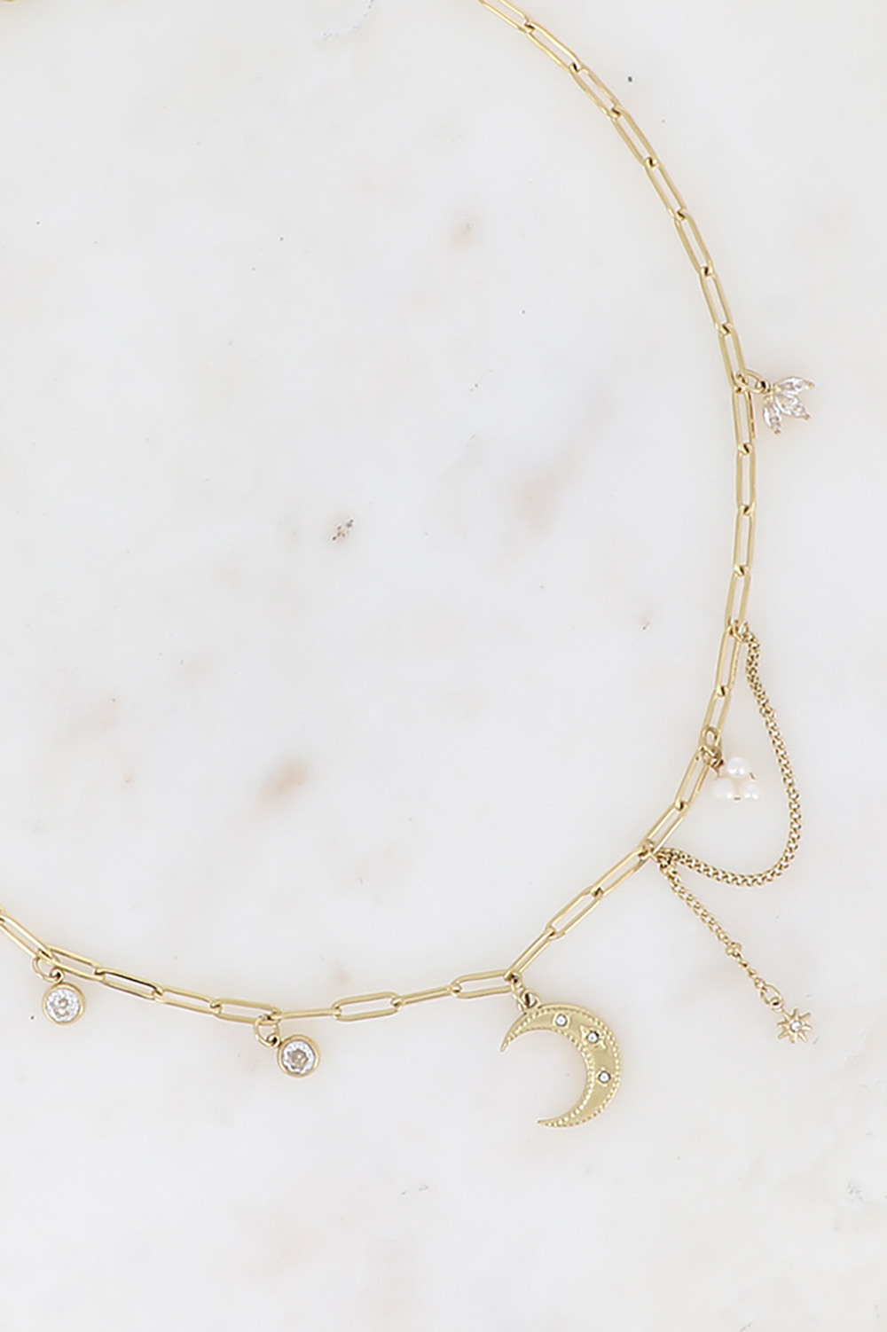 Grossiste Bohm - Chevillère - maille ovale avec lune, étoile, perles d'eau douce et cristaux
