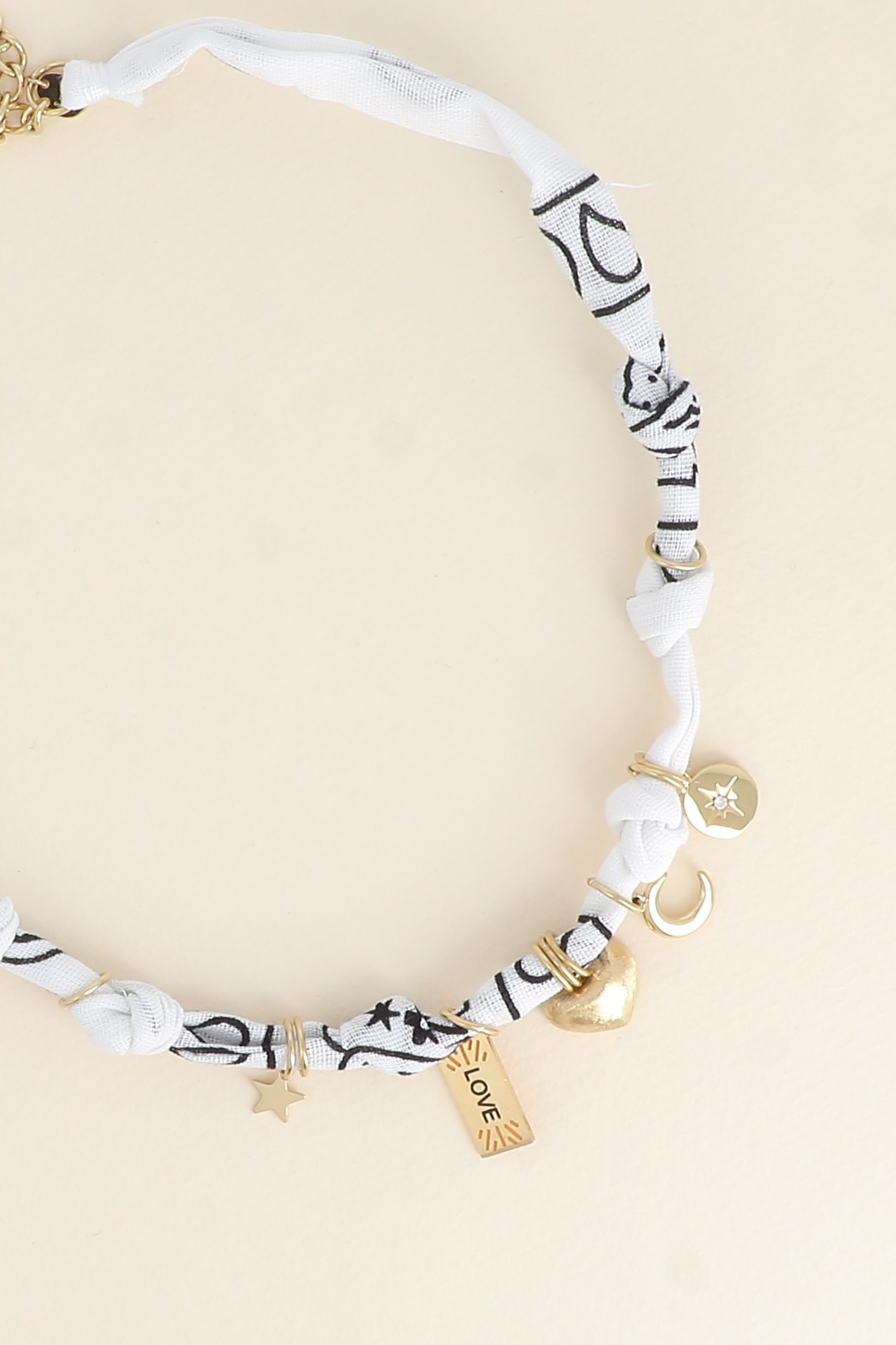 Wholesaler Bohm - Necklace - ribbon, fabric, and charms (stars, brushed heart, LOVE tag, moon)