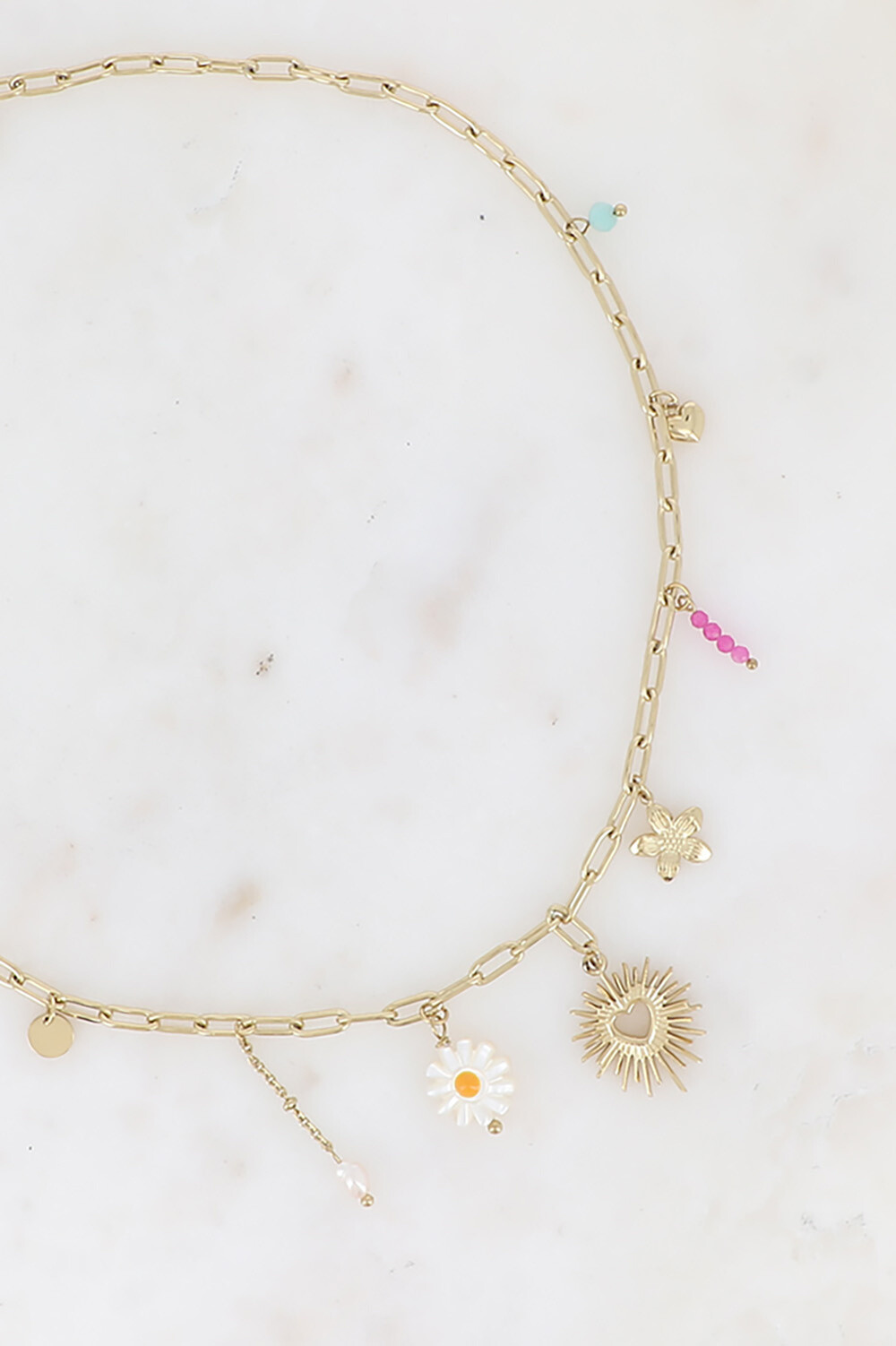 Wholesaler Bohm - Necklace - Natural stones, openwork heart, freshwater pearls, flowers
