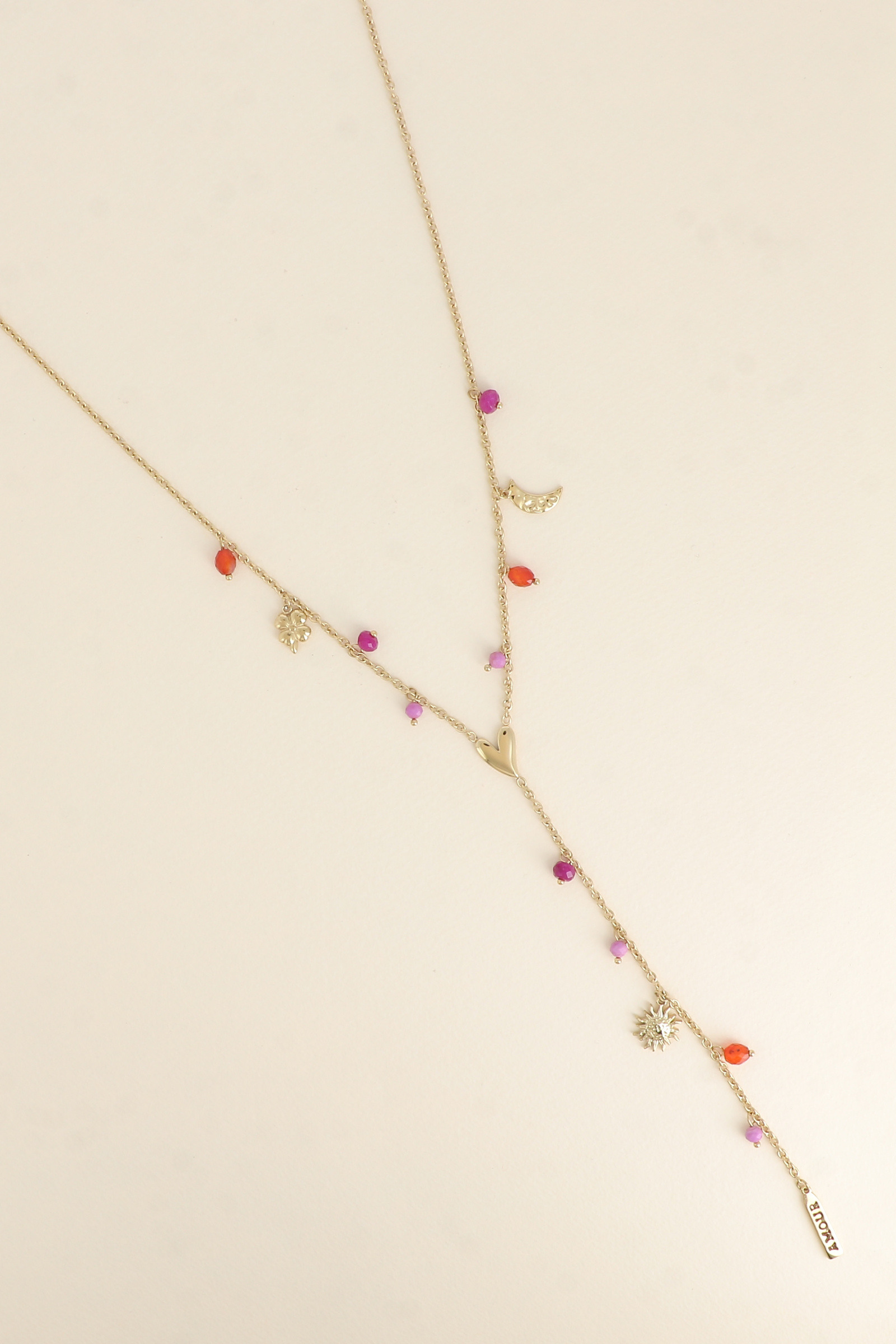 Mayorista Bohm - Collar - dijes trébol, luna, corazón, sol, placa AMOR en esmalte, perlas