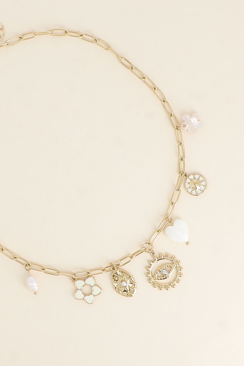 Grossiste Bohm - Collier - fleur en émail, soleils, coeur nacré, oeil, perle d'eau douce