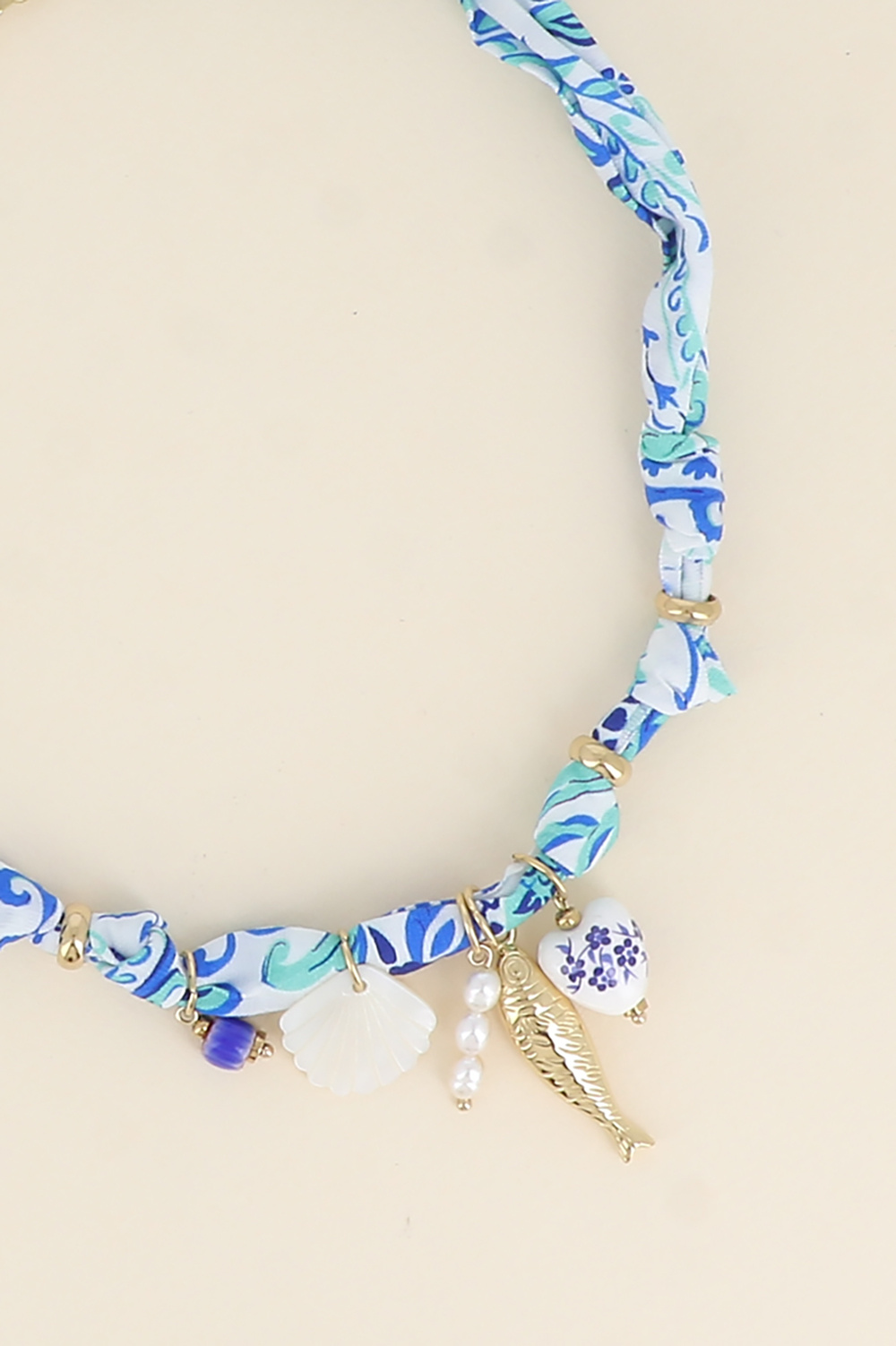 Wholesaler Bohm - Necklace - ribbon fabric, enamelled ceramic heart, mother-of-pearl shell, fish and freshwater pearls