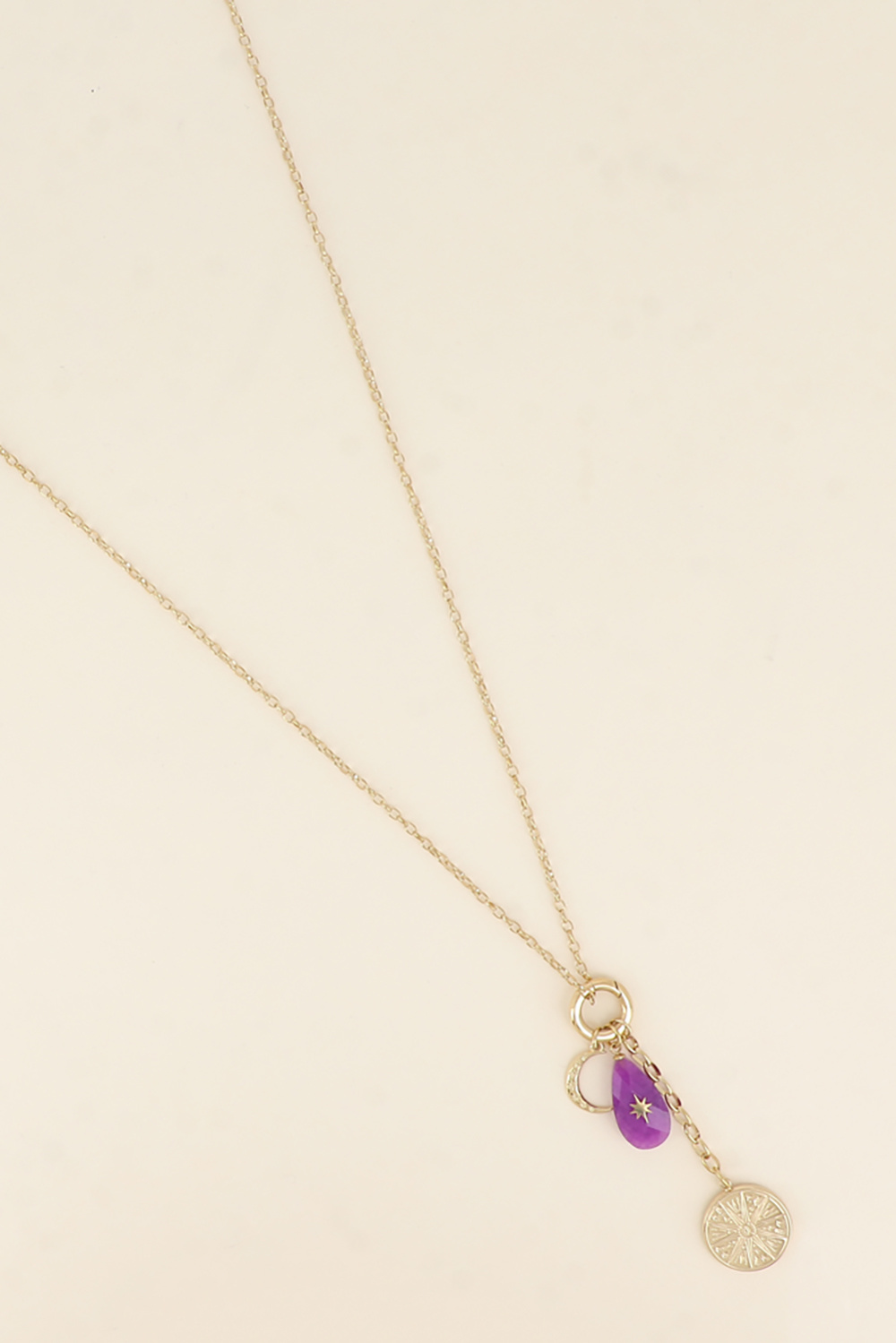 Wholesaler Bohm - Long necklace - ring and galactic medallion pendant, natural teardrop stone with star and crescent moon