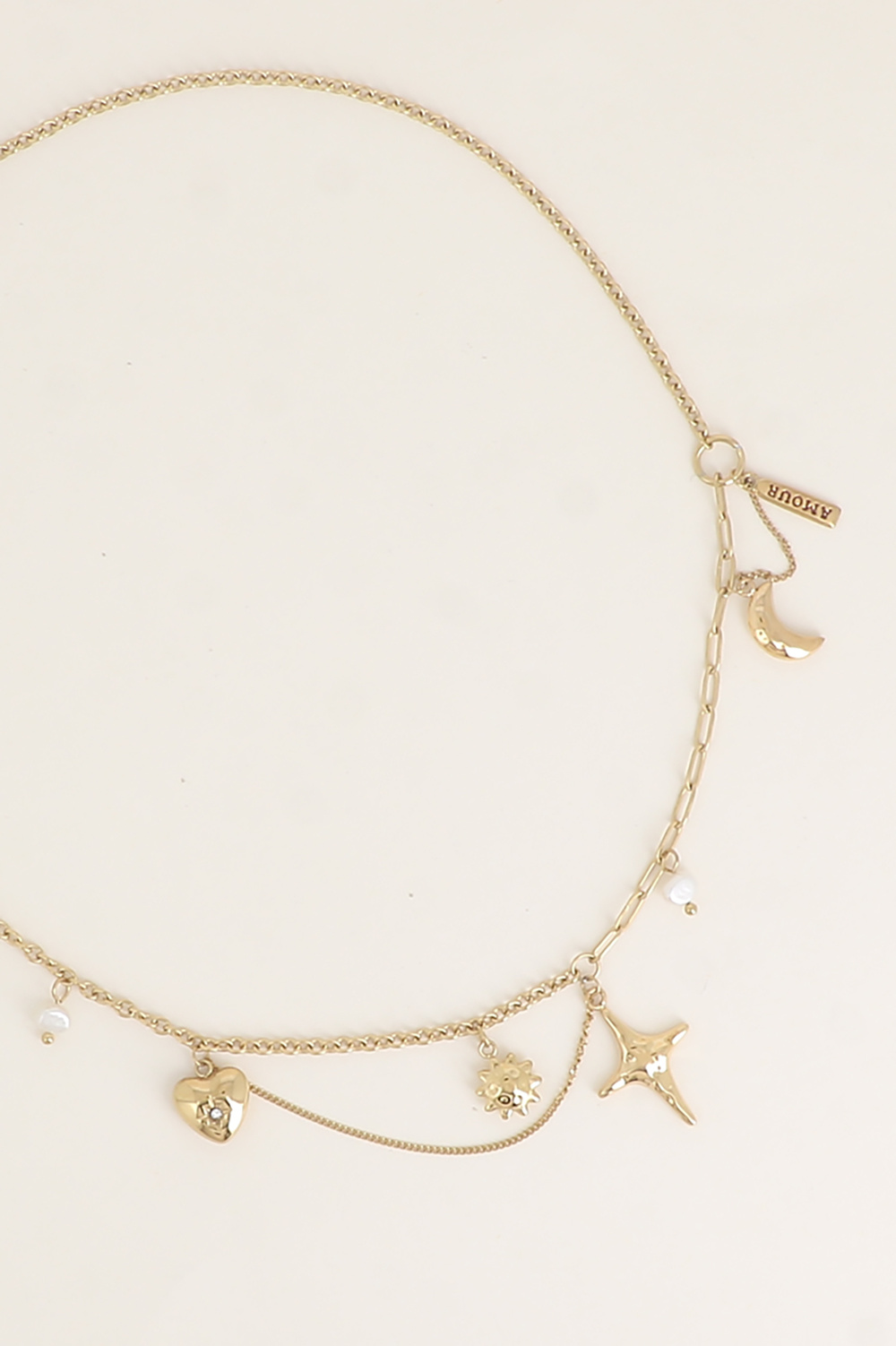 Grossista Bohm - Collana - sole, luna crescente, stelle, targhetta AMORE, cuore, perla d'acqua dolce