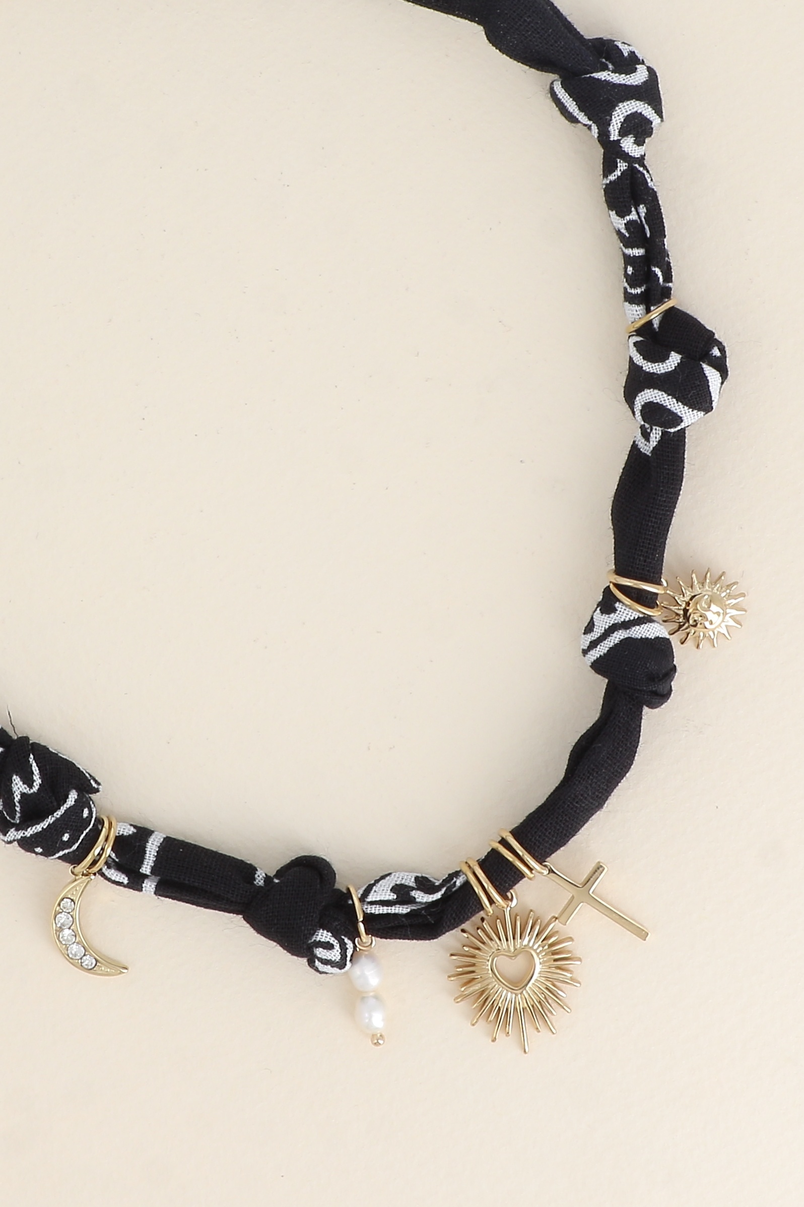 Wholesaler Bohm - Necklace - ribbon, fabric, and charms (sun, heart, moon with zirconium oxides)