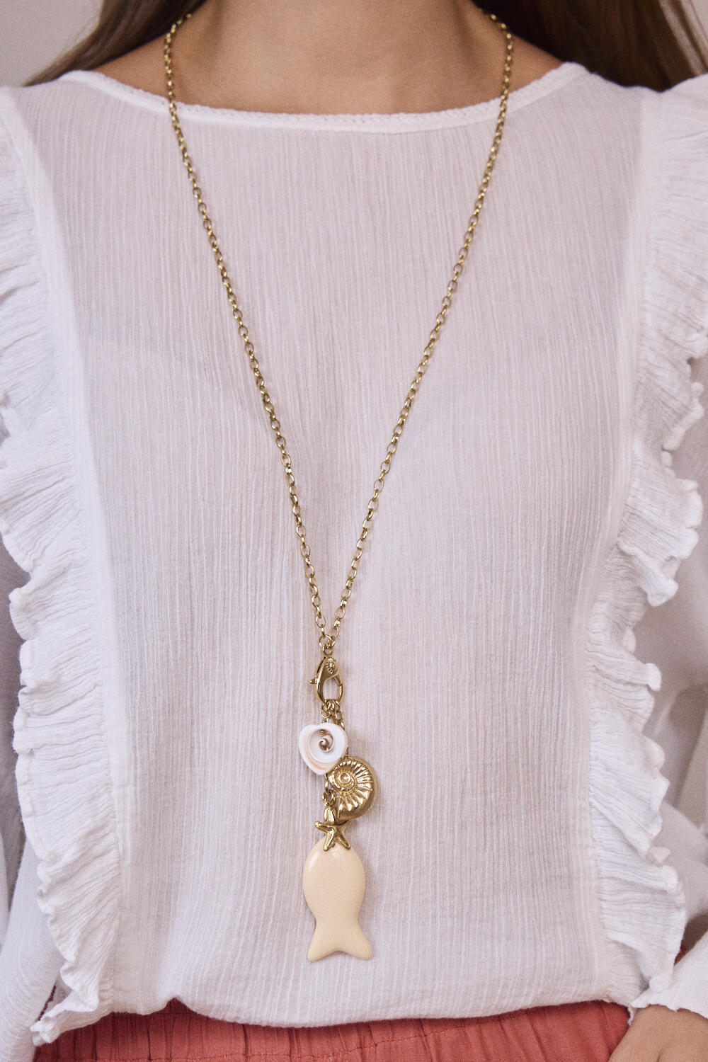 Wholesaler Bohm - Long necklace - lobster clasp, seashells, starfish, freshwater pearl, and resin fish
