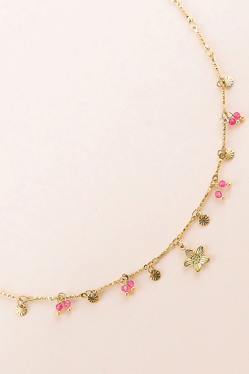 Grossiste Bohm - Collier - pastilles rondes martelées, pierres naturelles et pendentif fleur