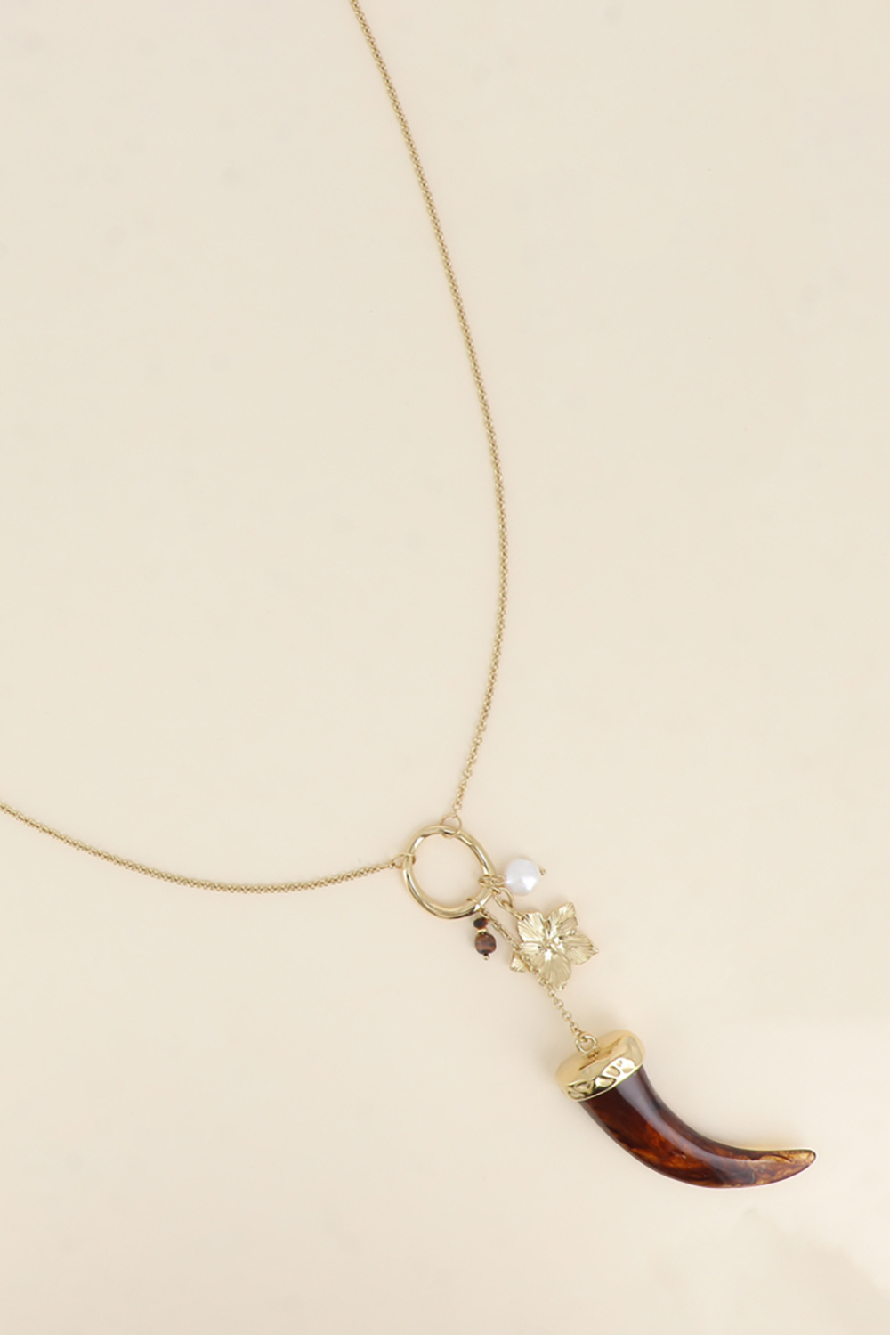 Wholesaler Bohm - Long Necklace - freshwater pearl, flower, sun, and resin horn