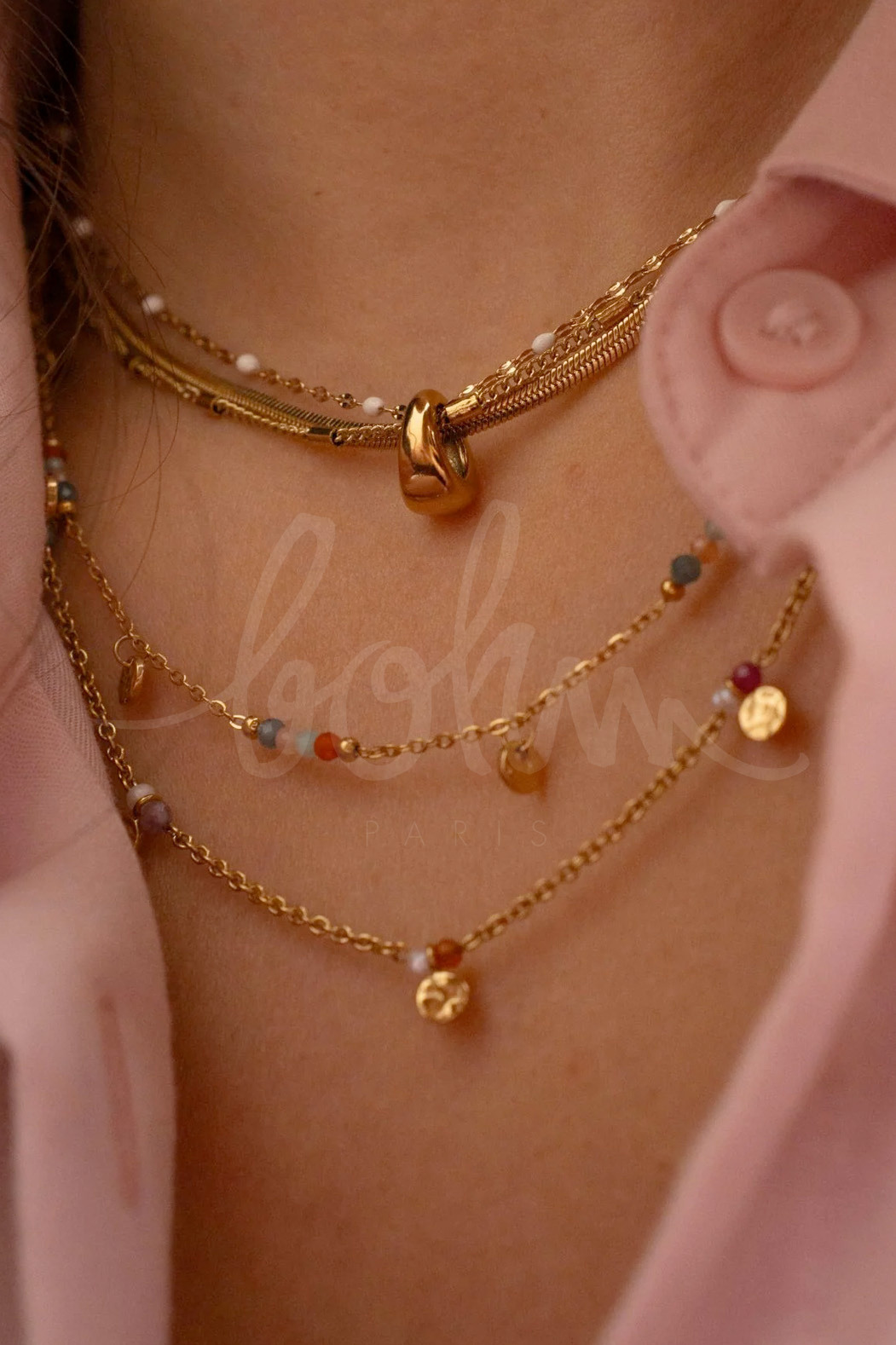 Grossiste Bohm - Collier - maille fine avec pampilles rondes et petites pierres naturelles