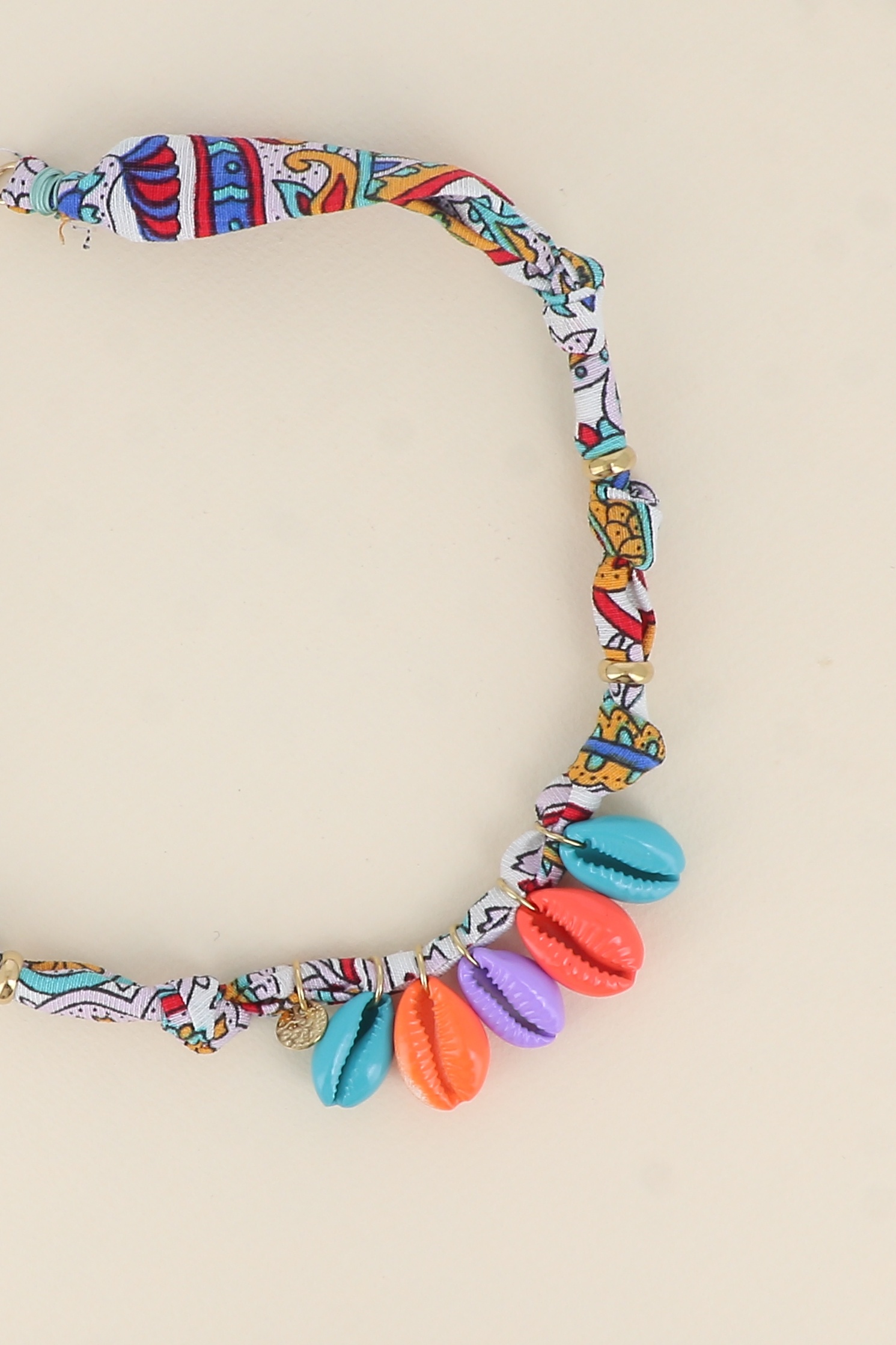Wholesaler Bohm - Necklace - ribbon fabric, colorful enamel cowrie