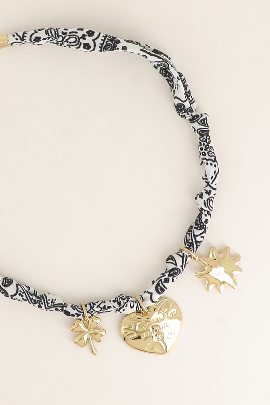 Grossista Bohm - Collana - tessuto a nastro con trifoglio, cuore con AMORE e fiori incisi, sole