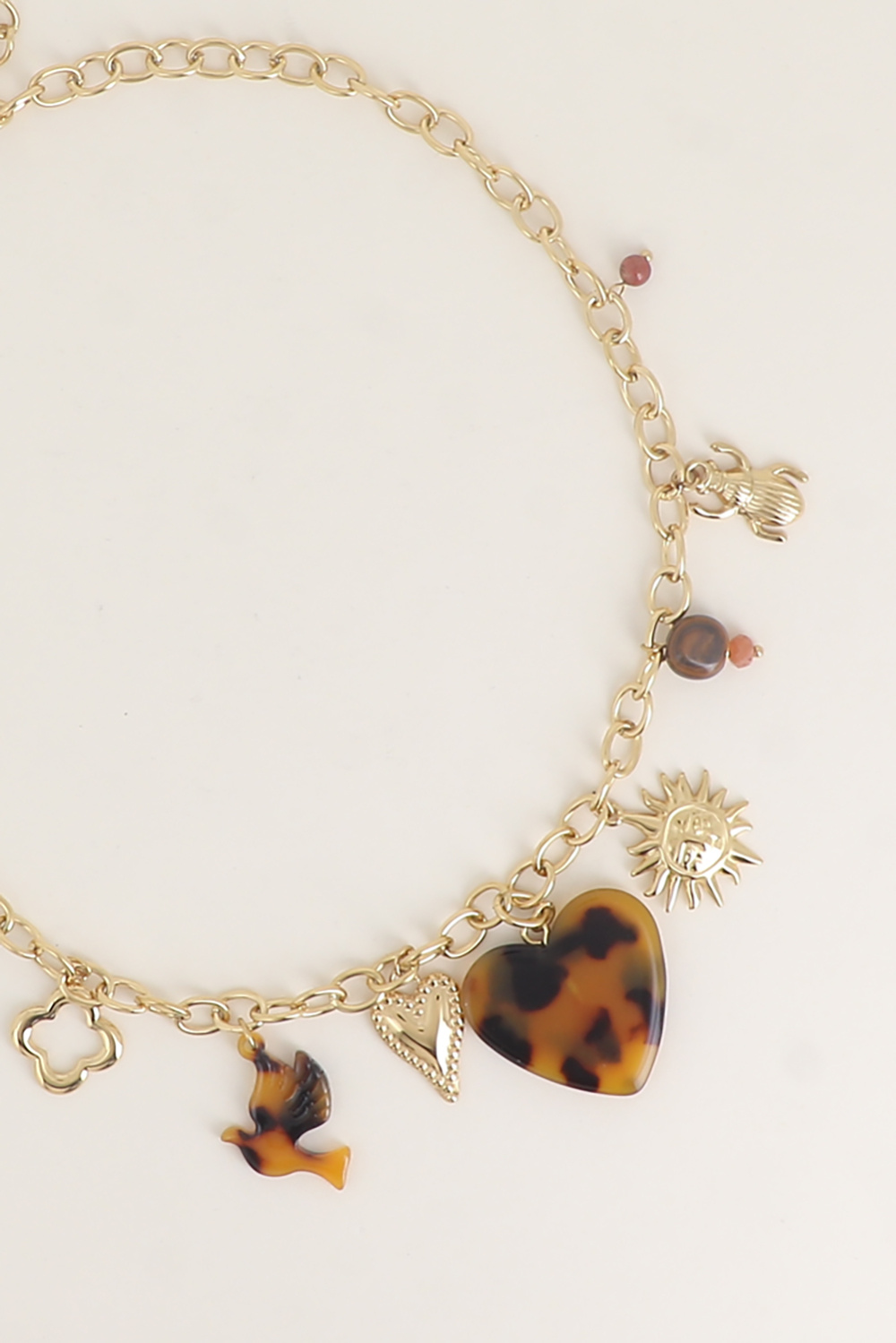 Mayorista Bohm - Collar - dijes (pájaro y corazón de leopardo, corazón milgrain, sol, perlas)