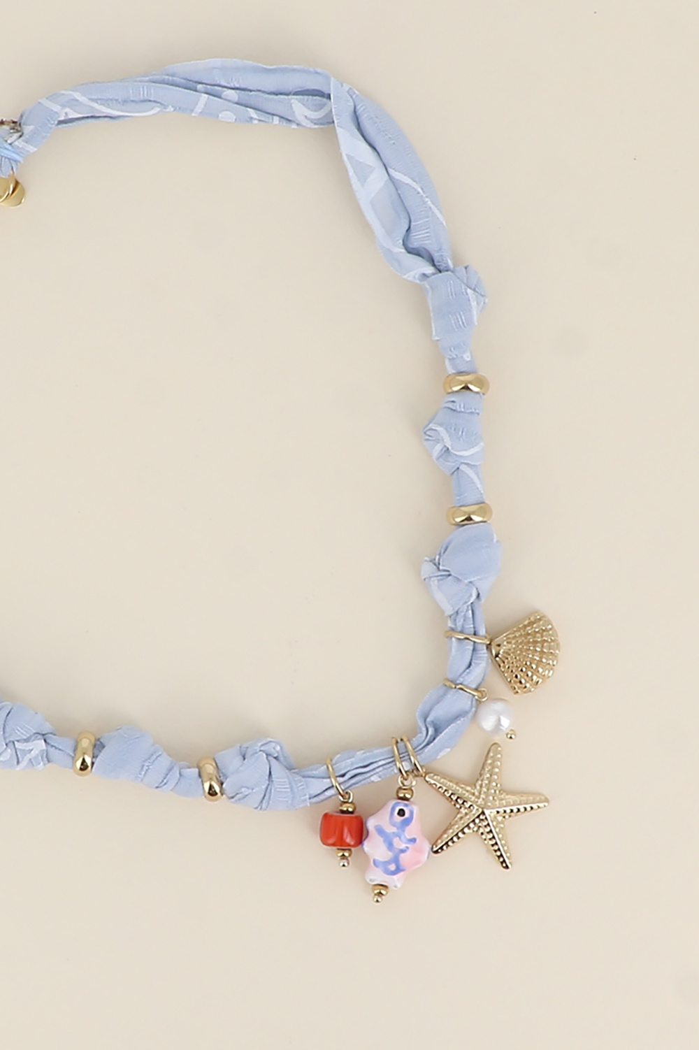 Wholesaler Bohm - Necklace - ribbon fabric, glazed ceramic, shell, starfish, and freshwater pearls