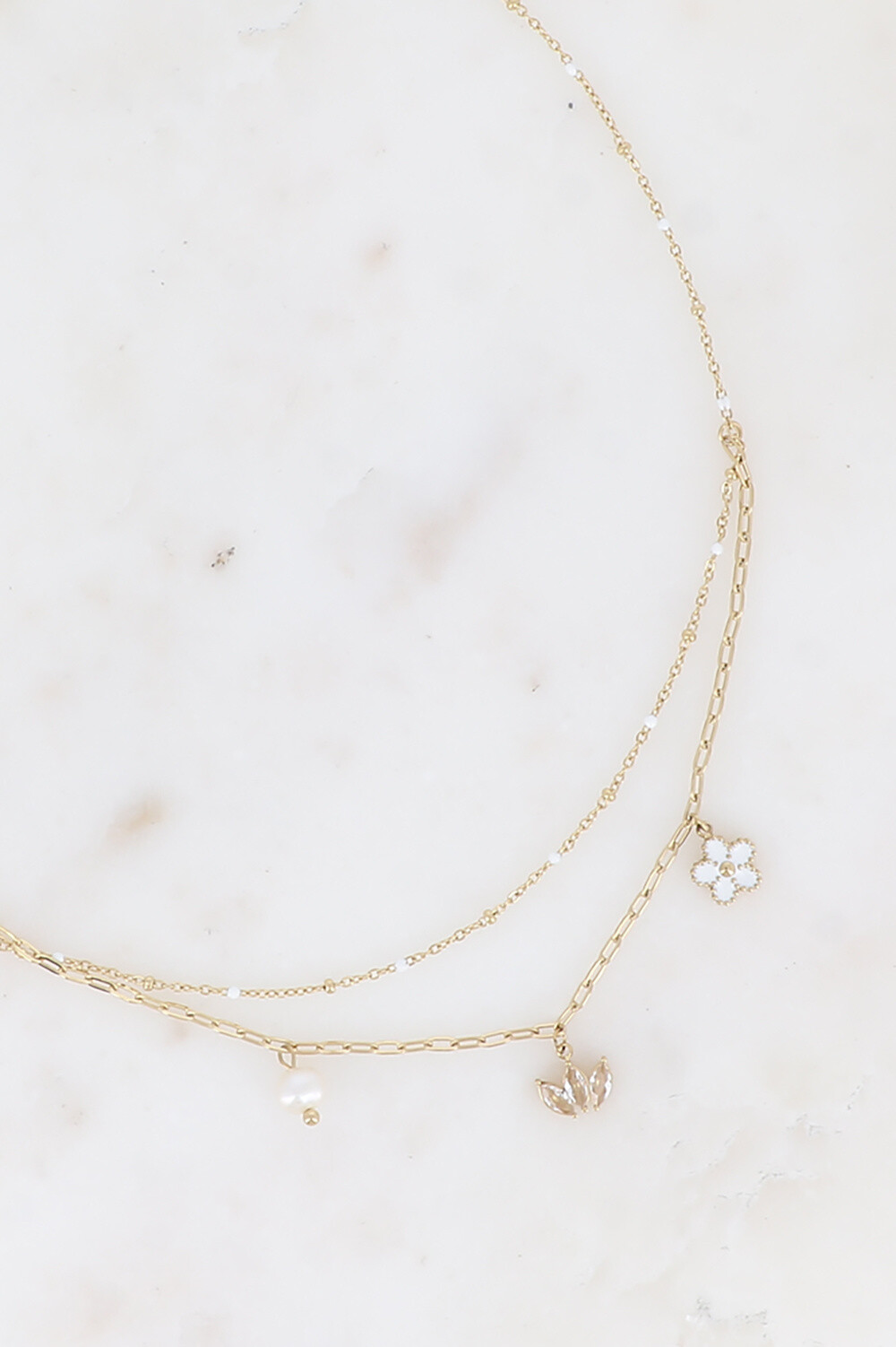 Großhändler Bohm - 2-reihige Halskette – Netz mit Emaille, Blume, Kristallen, Süßwasserperle)