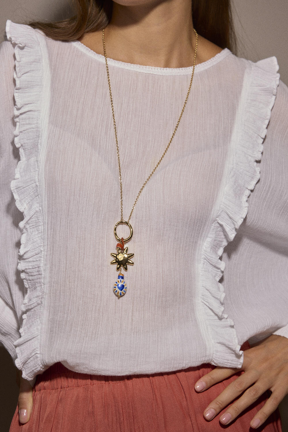 Wholesaler Bohm - Long necklace - sun, enamel ceramic bead, mother-of-pearl heart bead and beads