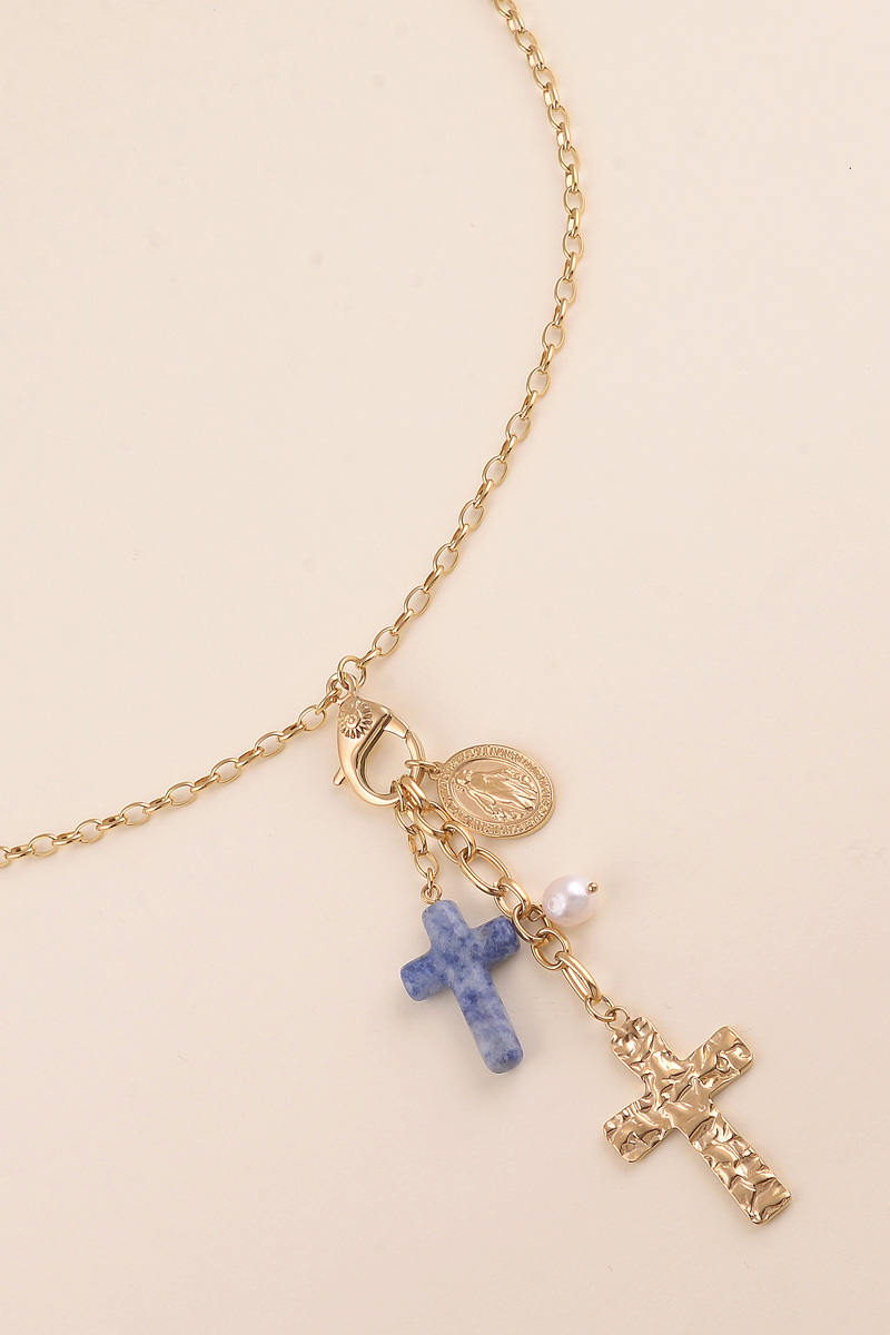 Wholesaler Bohm - Y Necklace - clasp with crystal and sun, and charms (religious crosses, the Madonna, resin)