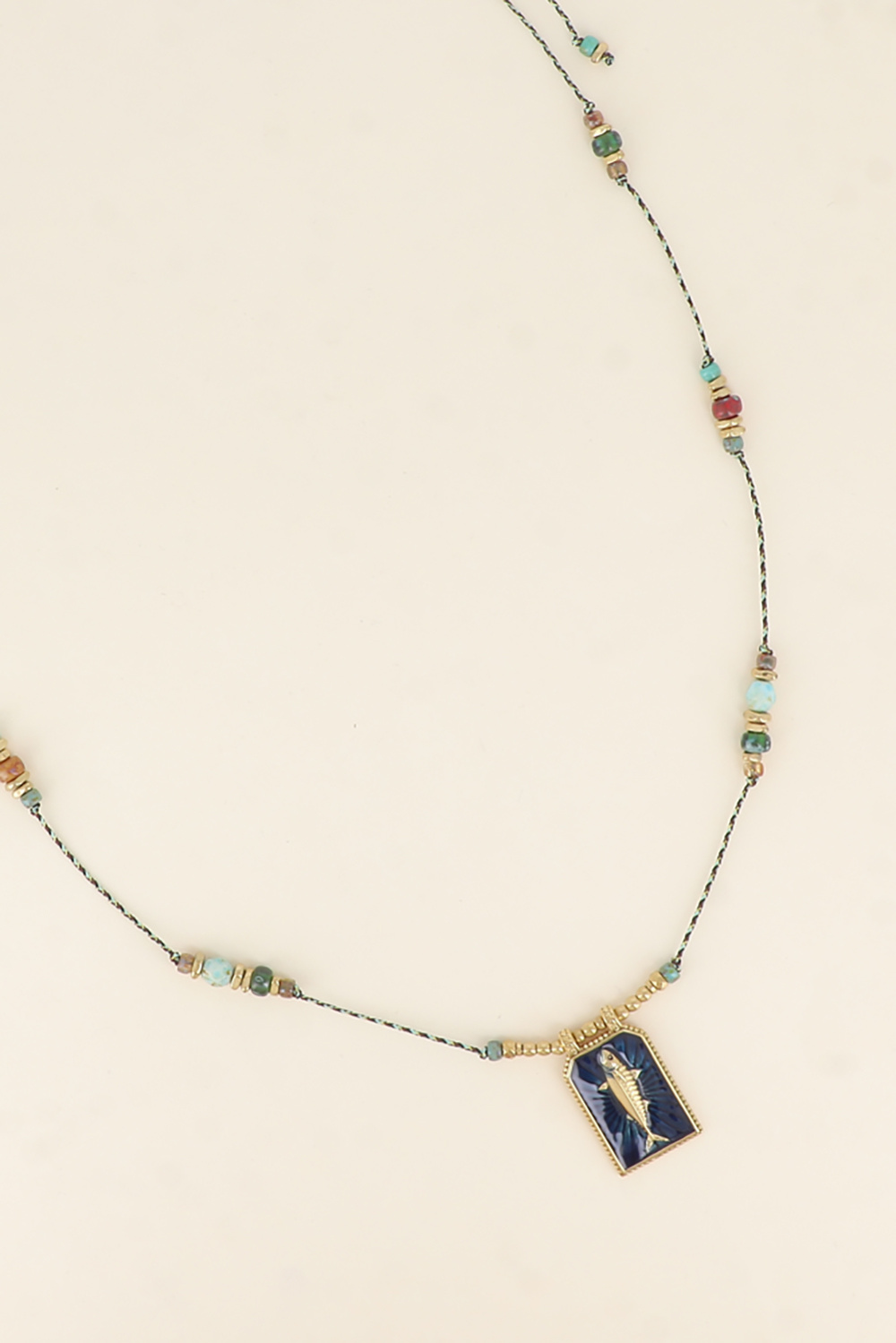 Wholesaler Bohm - Long necklace on thread - cord, ceramic, enamel, and medallion with fish