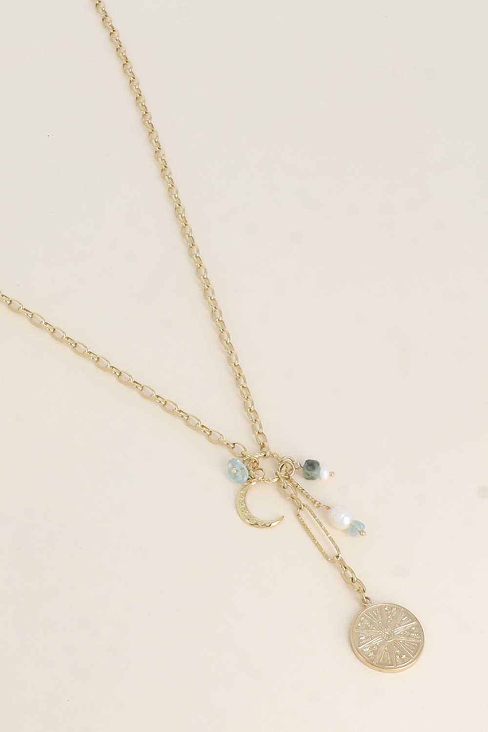 Wholesaler Bohm - Y Necklace - Charms (galactic medallion, natural stones, and crescent moon)