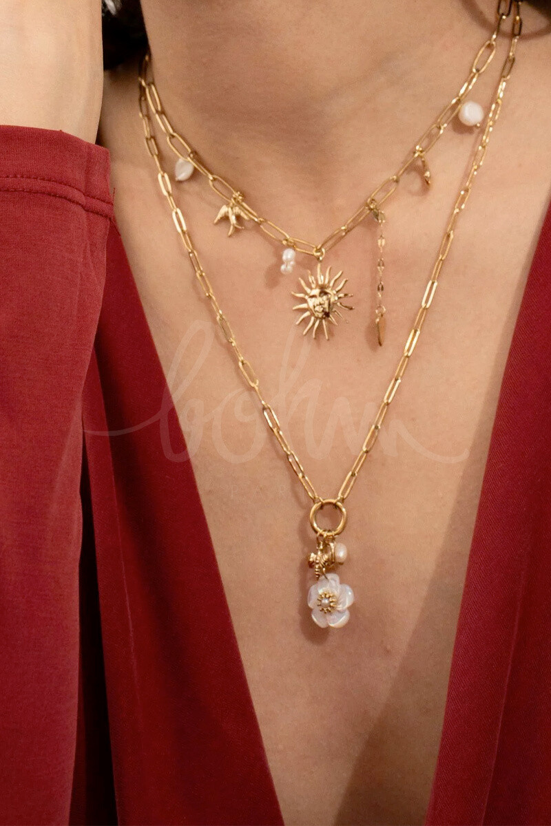 Wholesaler Bohm - Necklace - Ringing ring and pearly flower, butterfly and freshwater pearl