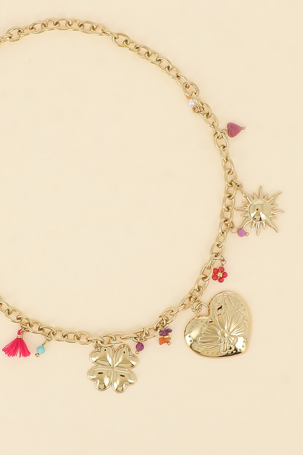Mayorista Bohm - Collar - piedras naturales, sol, corazón con flor grabada y trébol