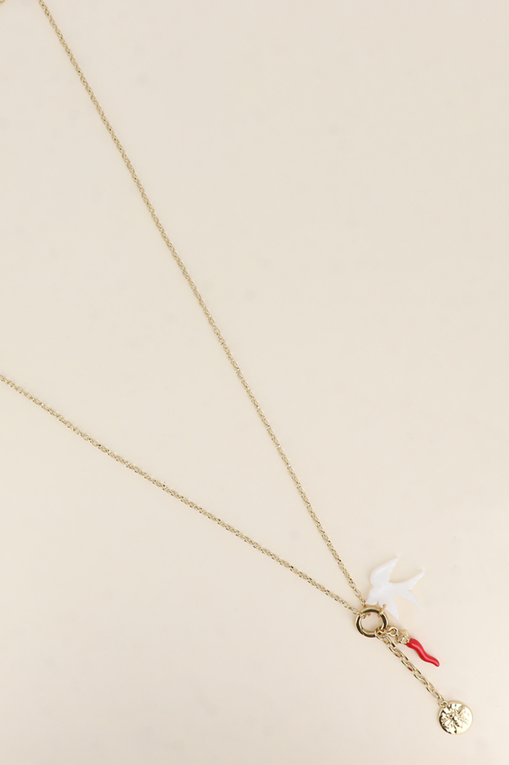 Wholesaler Bohm - Long necklace - ring with charms (resin bird, enameled chili, bee medallion)